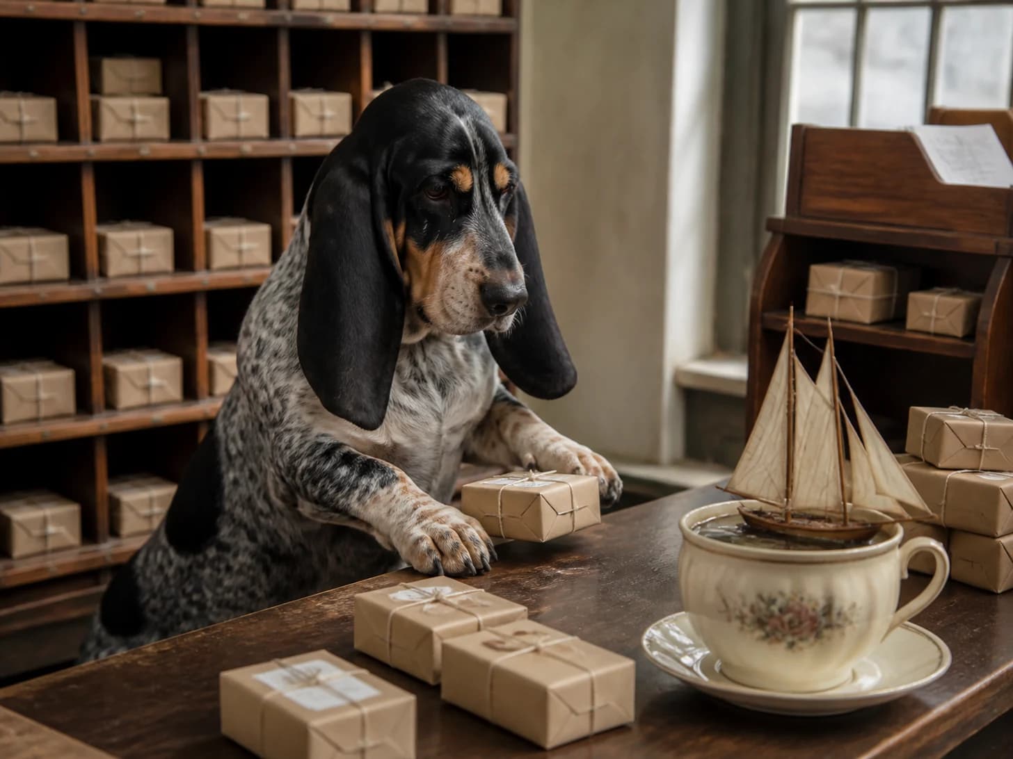 Quill was promoted to post-office clerk sorting blank miniature parcels; unfortunately, a model sailboat becomes stranded in a teacup.