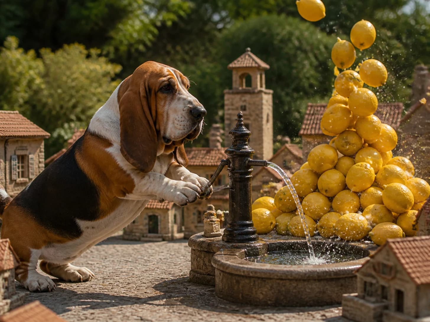 Fennel V was promoted to mayor opening a very small fountain; unfortunately, a tower of lemons begins to collapse.