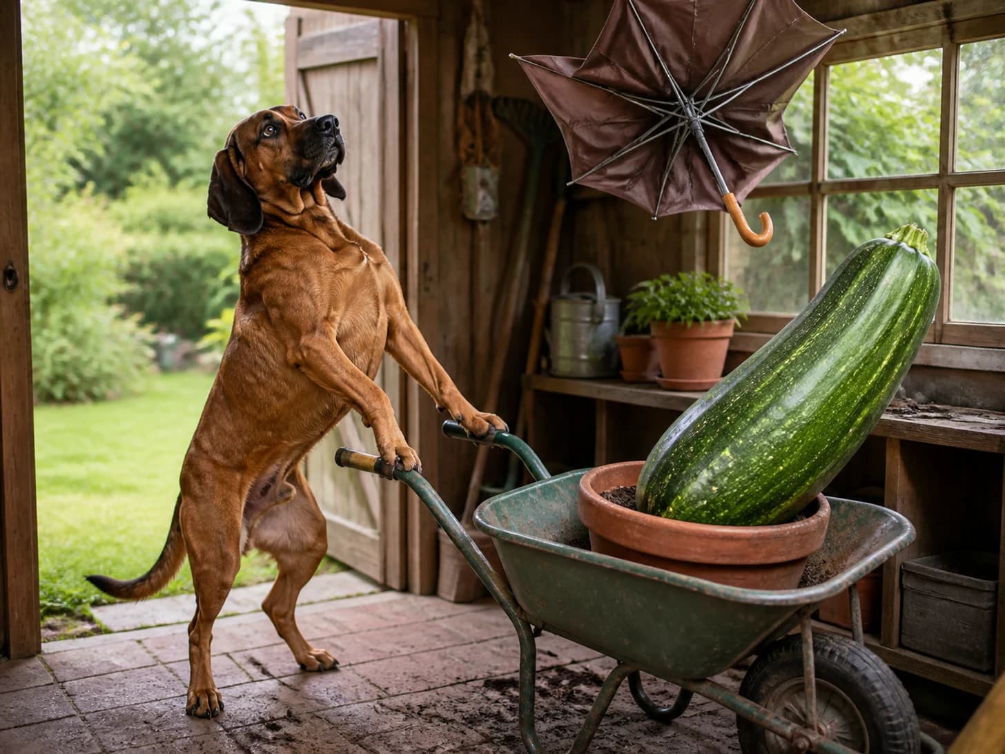 Yarrow III was promoted to gardener confronting a wheelbarrow full of one enormous vegetable; unfortunately, a miniature umbrella turns inside out.
