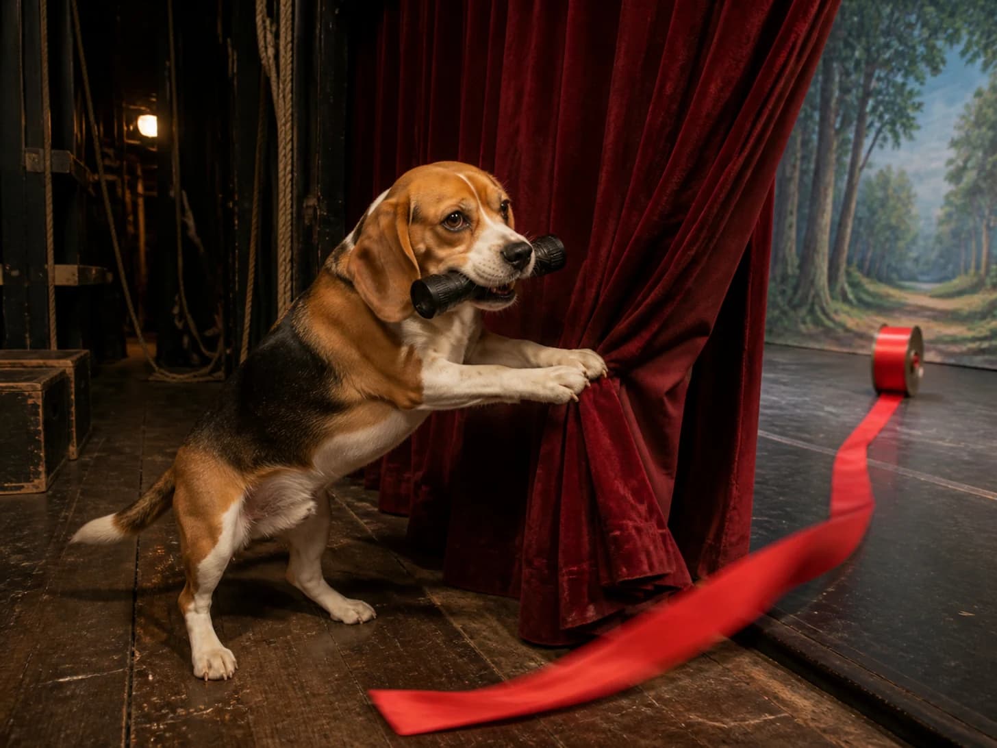 Fable IV was promoted to stage manager during a curtain emergency; unfortunately, a ribbon spool rolls across the entire set.