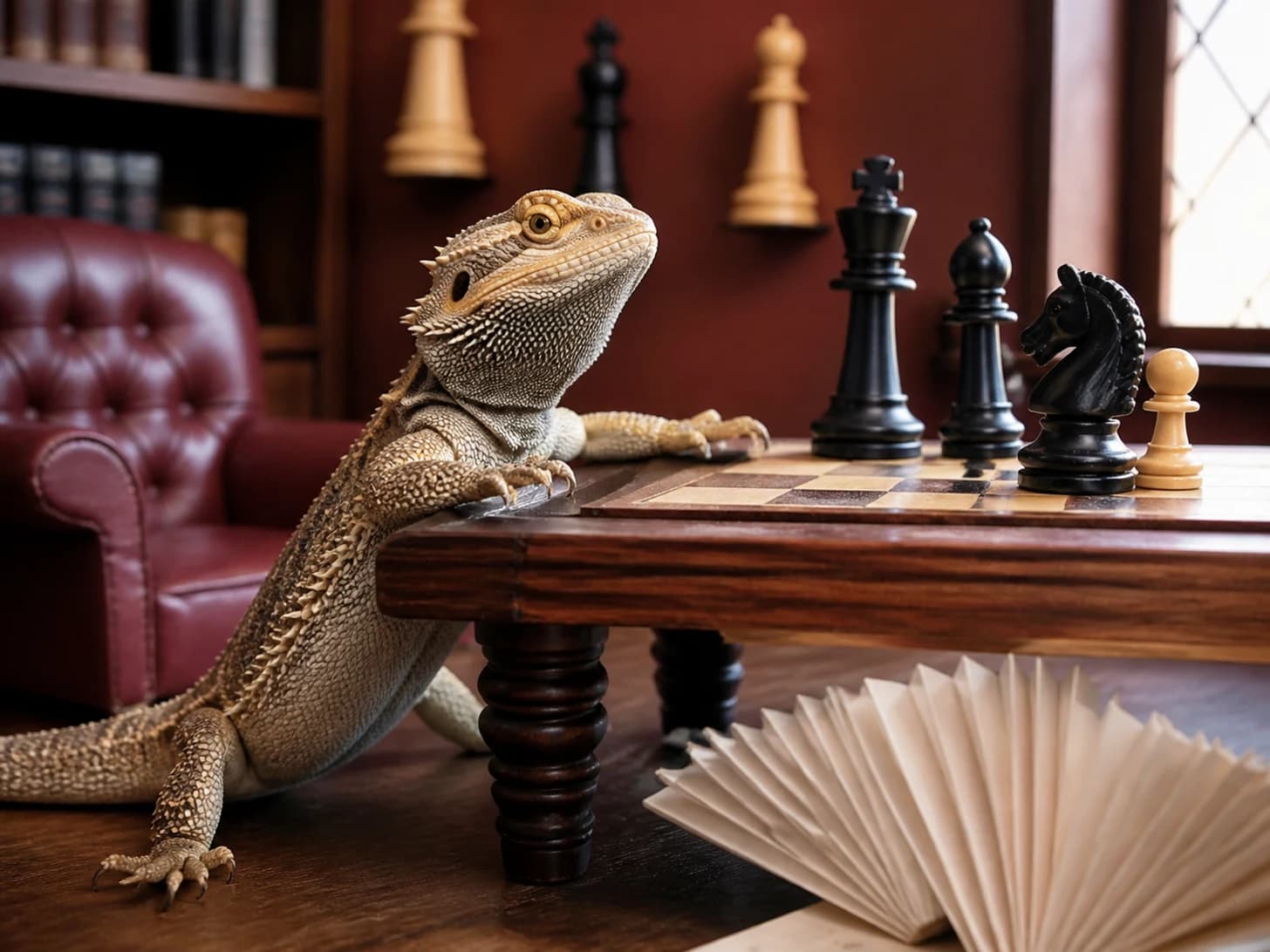Winston was promoted to chess champion facing pieces taller than itself; unfortunately, a paper fan unfolds across the floor.