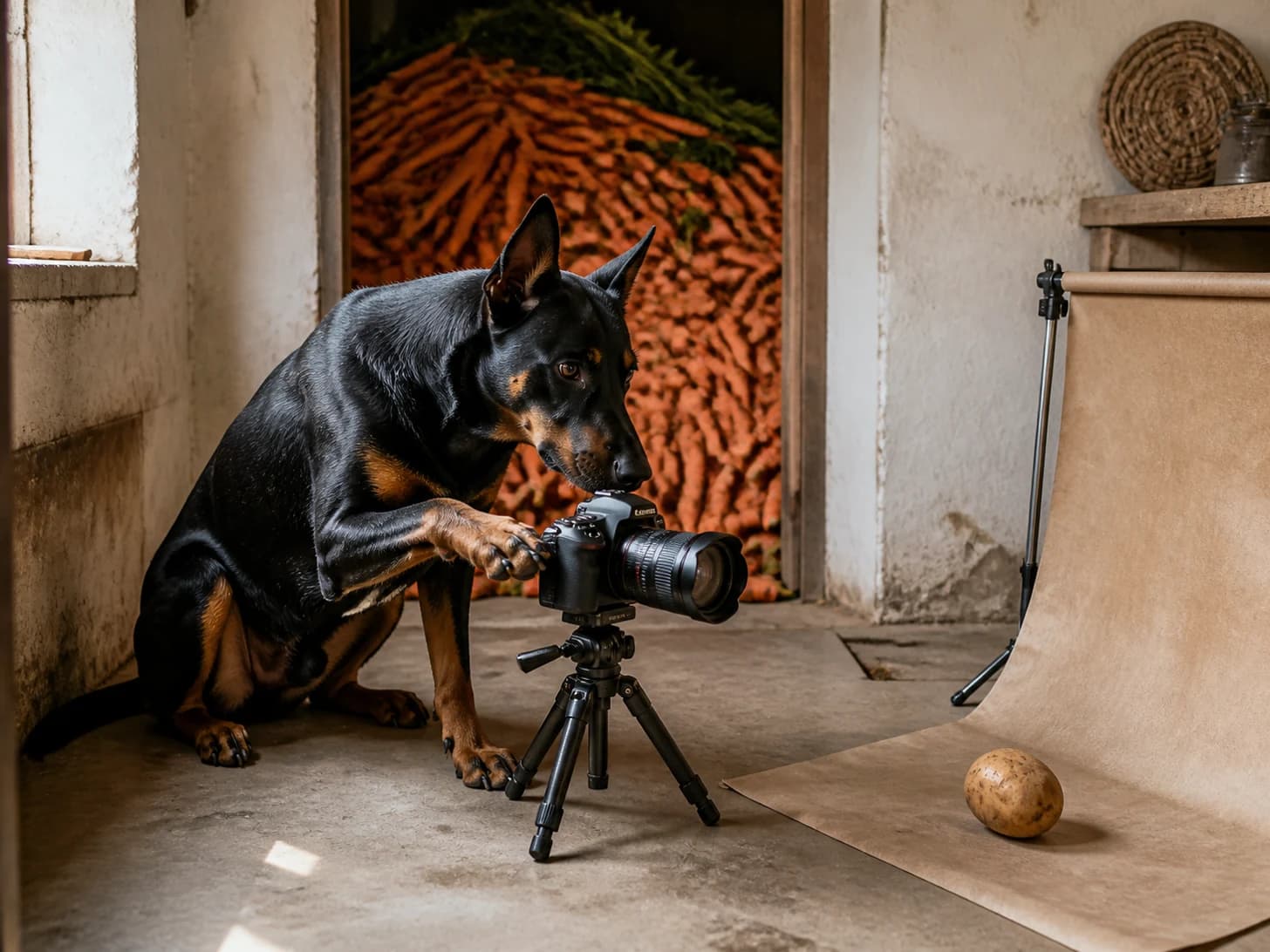 Heather III was promoted to photographer arranging a portrait of one potato; unfortunately, a mountain of carrots blocks the doorway.