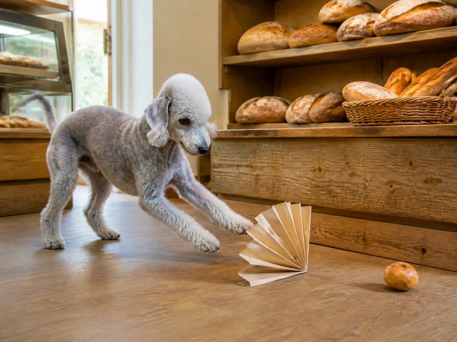 Mustard II was promoted to baker guarding a runaway bread roll; unfortunately, a paper fan unfolds across the floor.