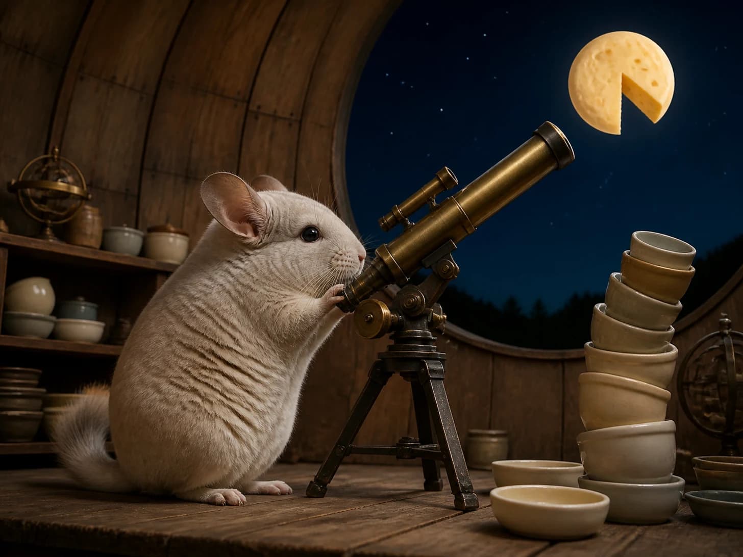 Halibut 12 was promoted to astronomer discovering that the moon is a cheese wheel; unfortunately, a stack of empty bowls wobbles dangerously.