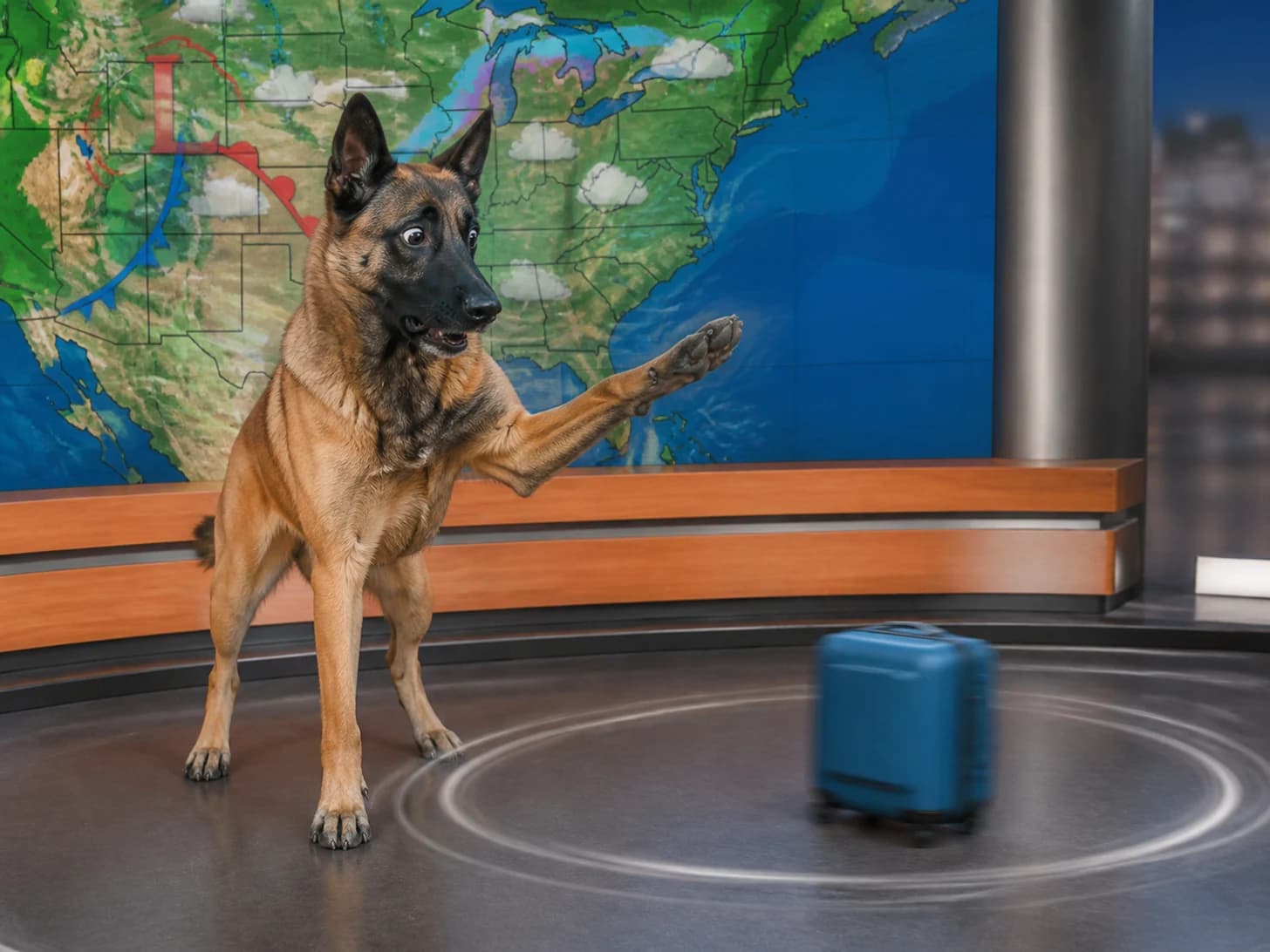 Halibut was promoted to weather forecaster surprised by its own forecast; unfortunately, one toy suitcase circles endlessly.