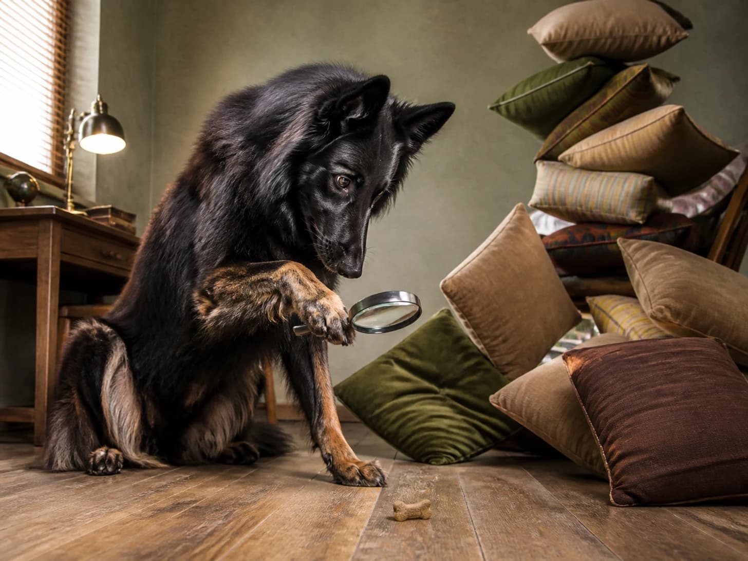 Toffee II was promoted to detective examining one suspicious biscuit; unfortunately, a pile of cushions slowly topples.