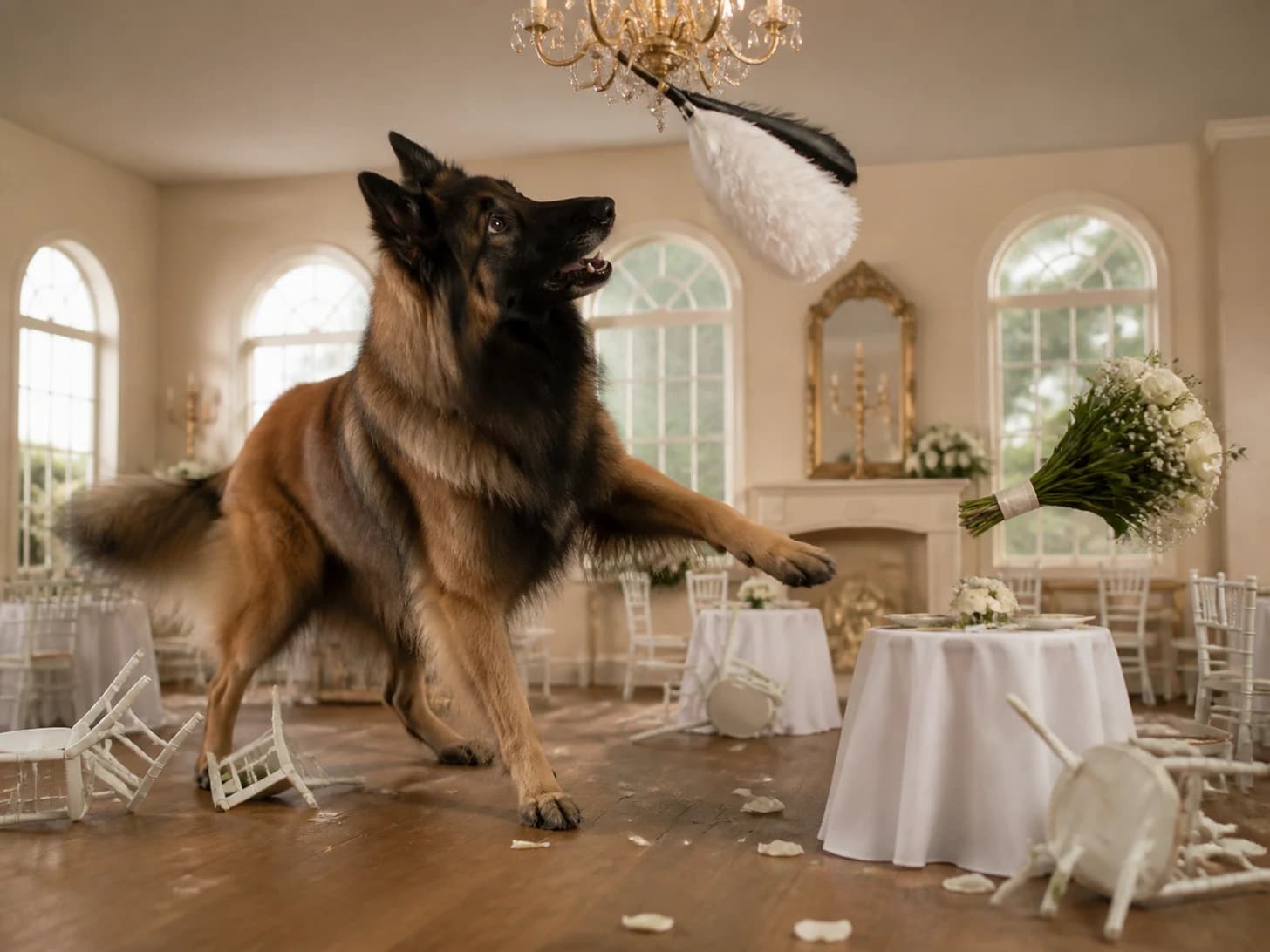 Hazel III was promoted to wedding planner facing a runaway bouquet; unfortunately, a feather duster gets stuck in a tiny chandelier.
