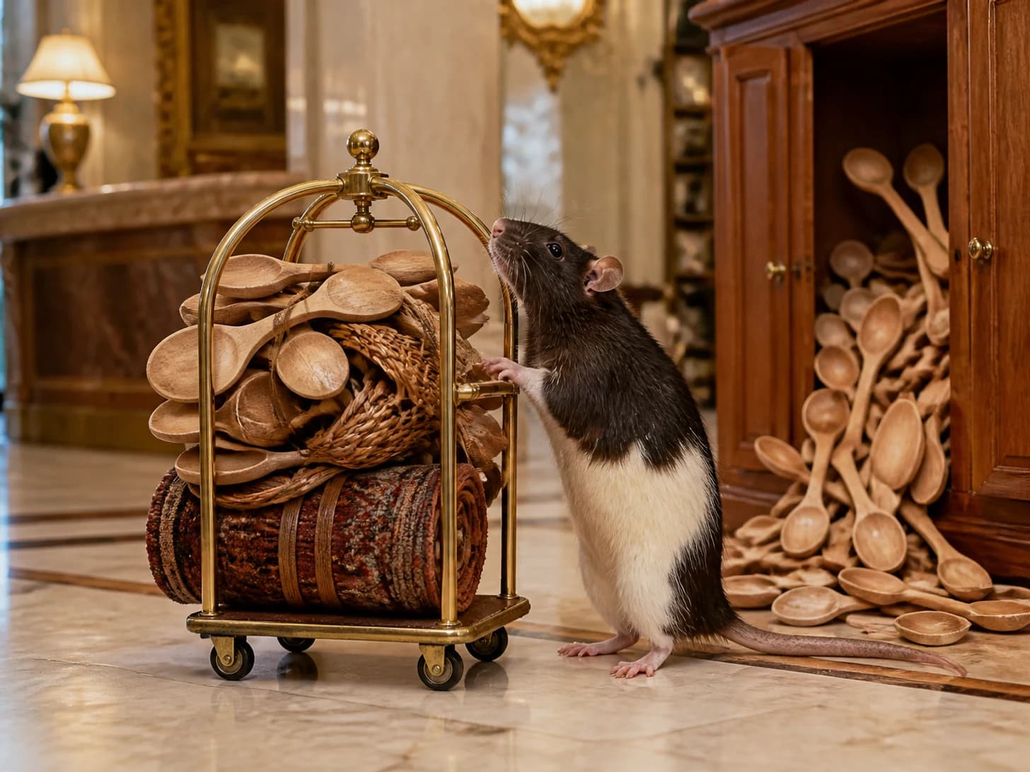 Quill VII was promoted to hotel concierge receiving impossible luggage; unfortunately, a heap of wooden spoons spills from a cupboard.