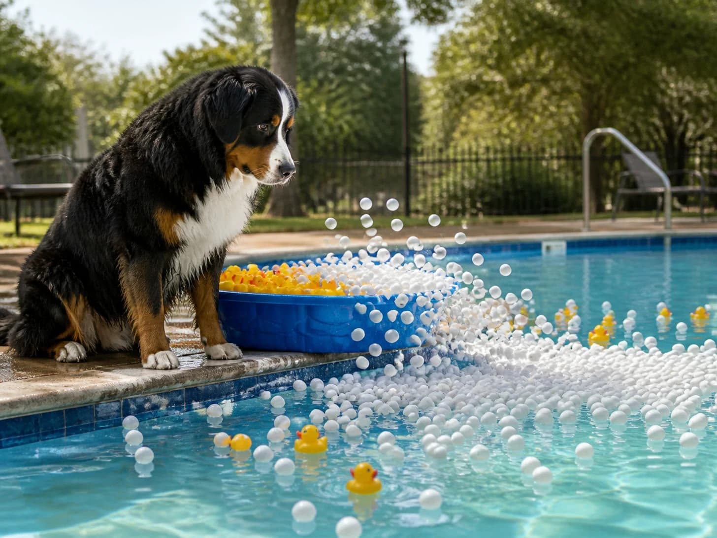 Eider II was promoted to lifeguard supervising a paddling pool for rubber ducks; unfortunately, dozens of ping-pong balls escape at once.
