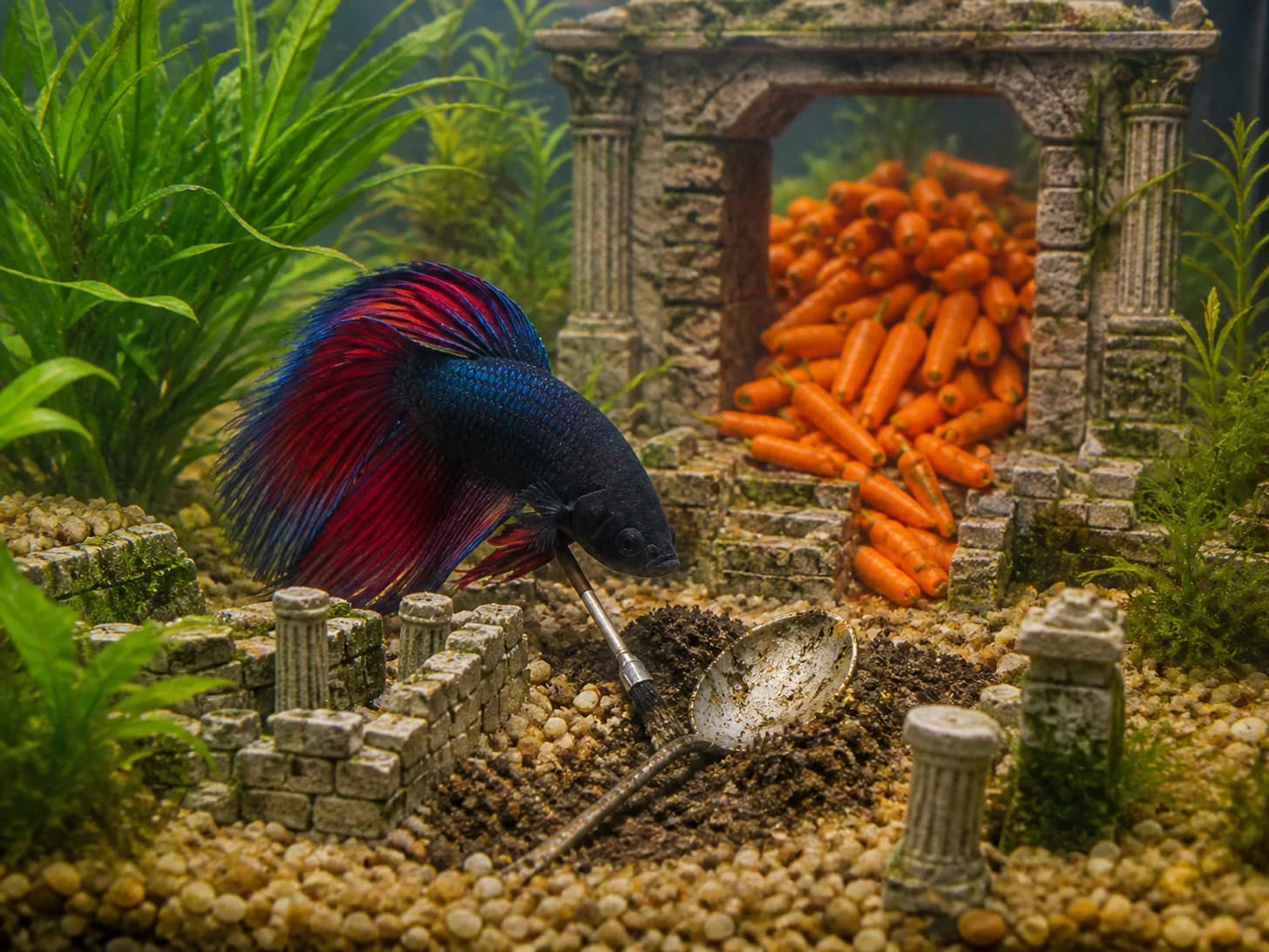 Inkwell was promoted to archaeologist uncovering a giant spoon; unfortunately, a mountain of carrots blocks the doorway.
