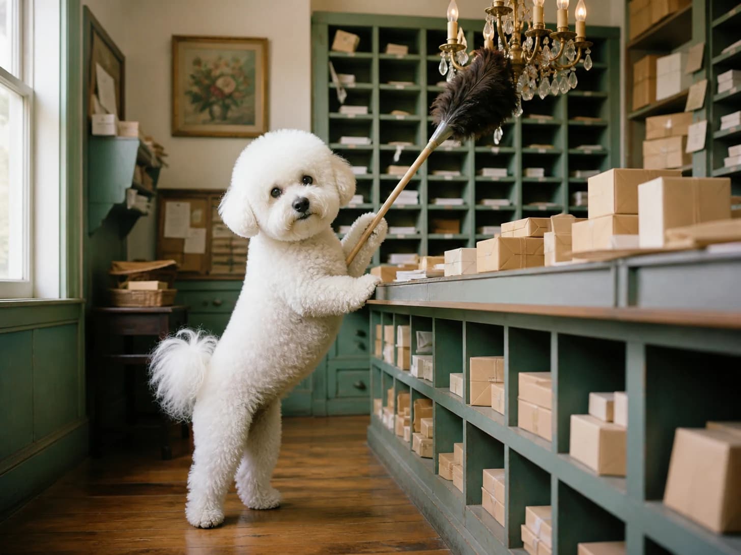 Quince II was promoted to post-office clerk sorting blank miniature parcels; unfortunately, a feather duster gets stuck in a tiny chandelier.