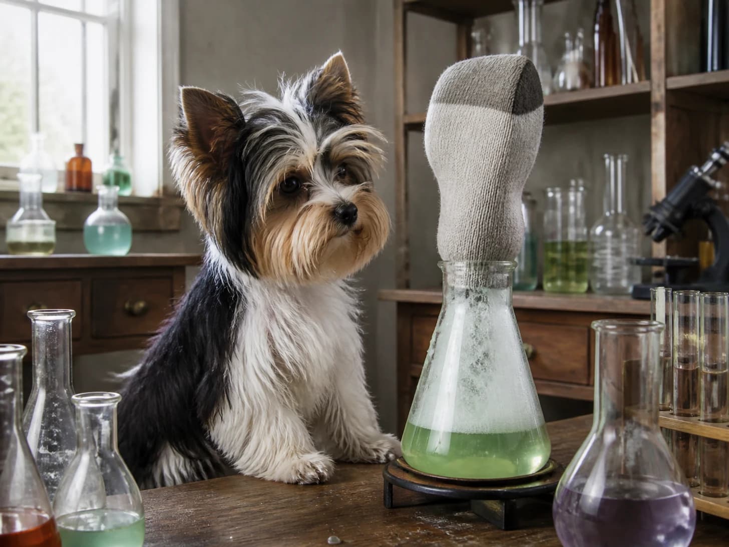 Lupin II was promoted to scientist monitoring a bubbling but harmless experiment; unfortunately, a single enormous sock appears without explanation.