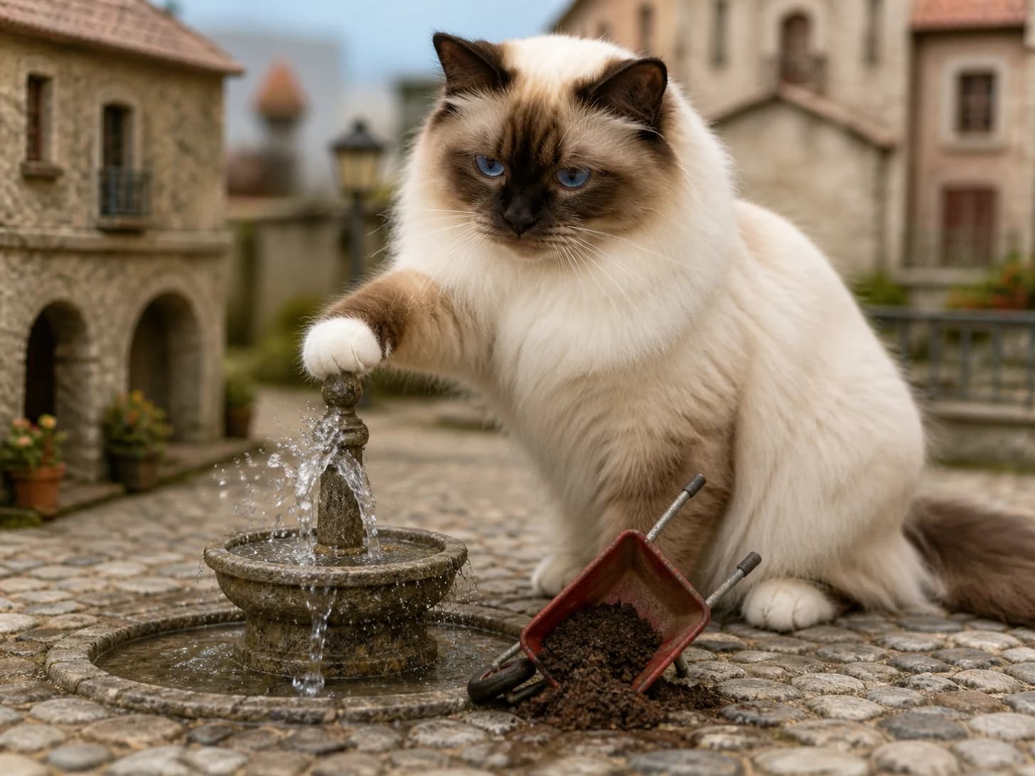 Fennel VIII was promoted to mayor opening a very small fountain; unfortunately, a toy wheelbarrow tips at the worst moment.