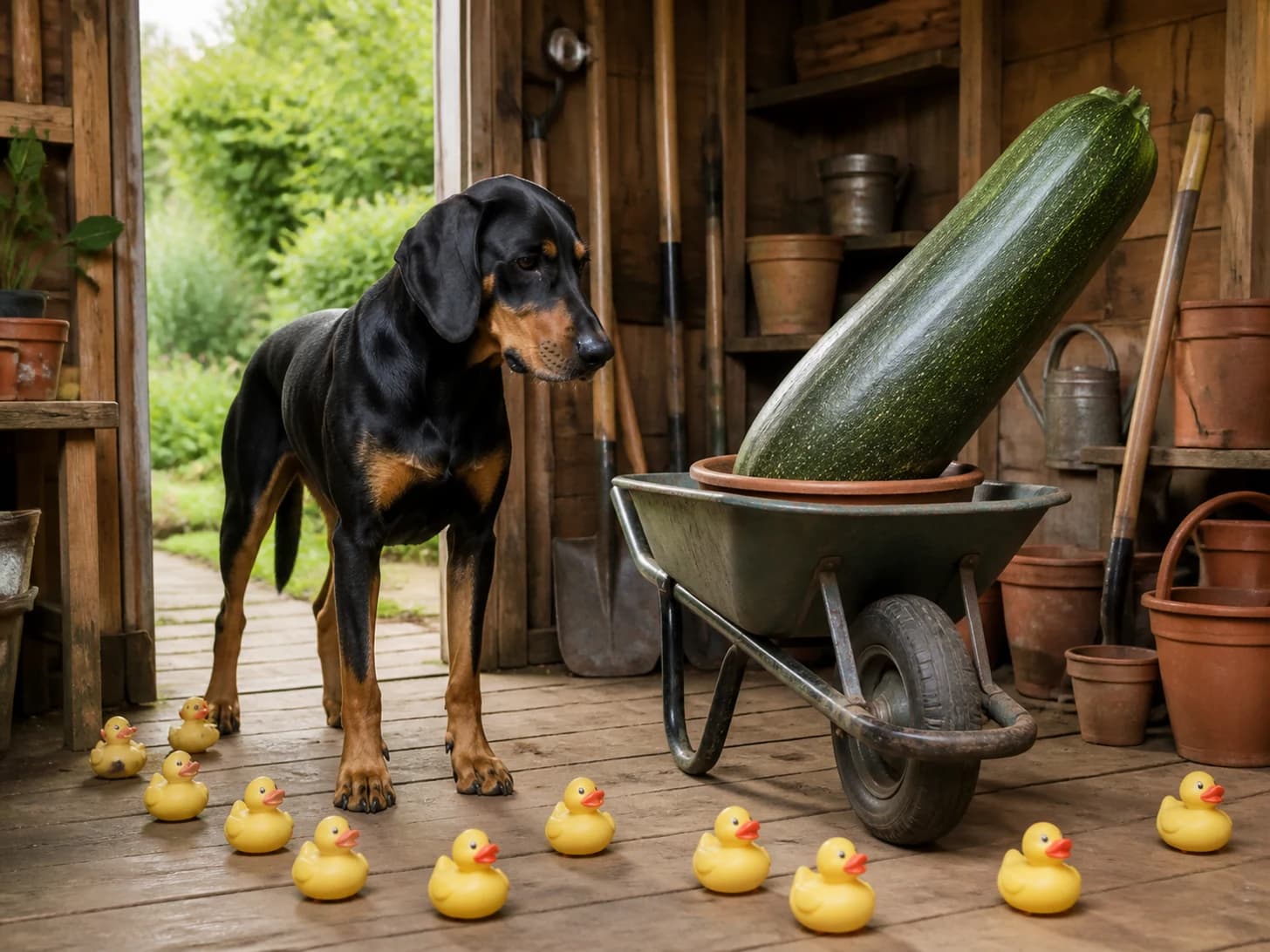 Radish was promoted to gardener confronting a wheelbarrow full of one enormous vegetable; unfortunately, a parade of rubber ducks heads the wrong way.