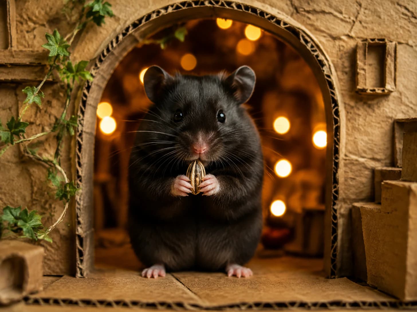 Nugget has an entire castle and insists on eating every meal in the doorway of it.