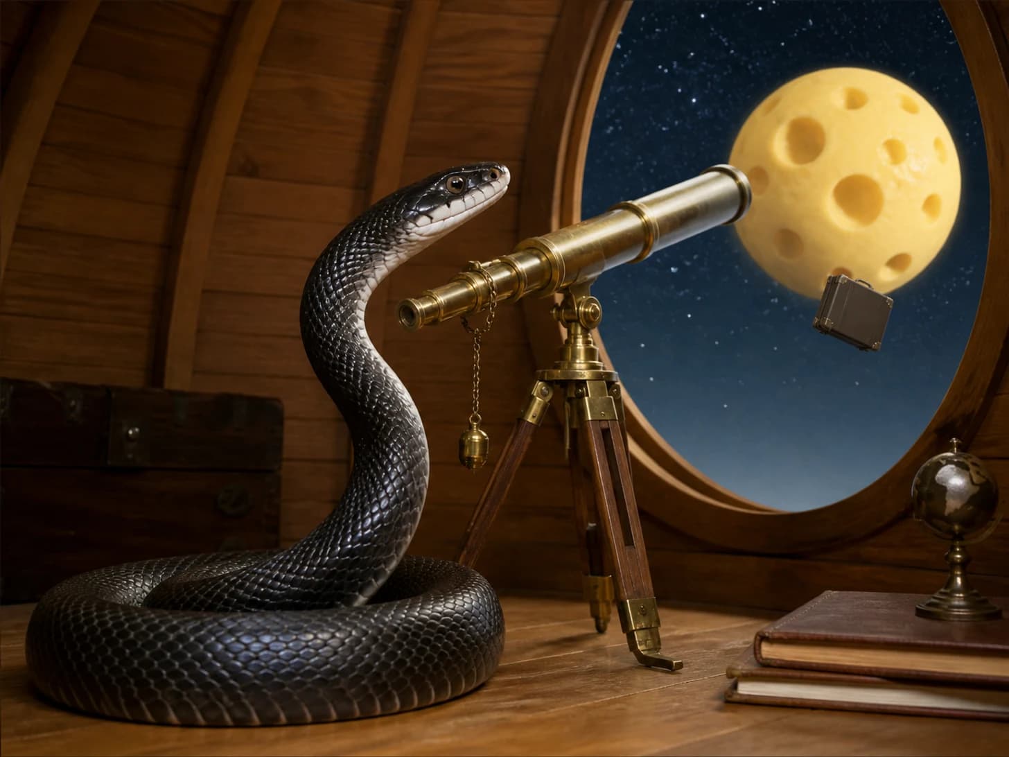 Sable VI was promoted to astronomer discovering that the moon is a cheese wheel; unfortunately, one toy suitcase circles endlessly.
