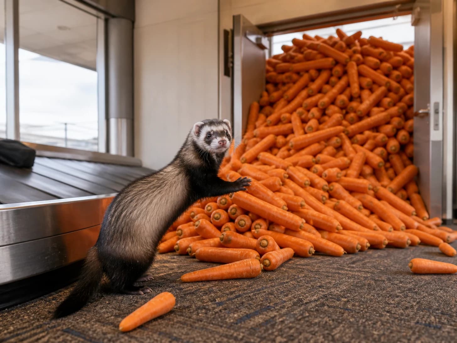 Radish 11 was promoted to overwhelmed airport baggage manager; unfortunately, a mountain of carrots blocks the doorway.