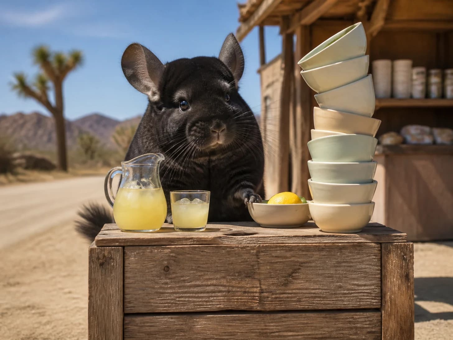 Saffron 13 was promoted to ambitious roadside lemonade vendor; unfortunately, a stack of empty bowls wobbles dangerously.