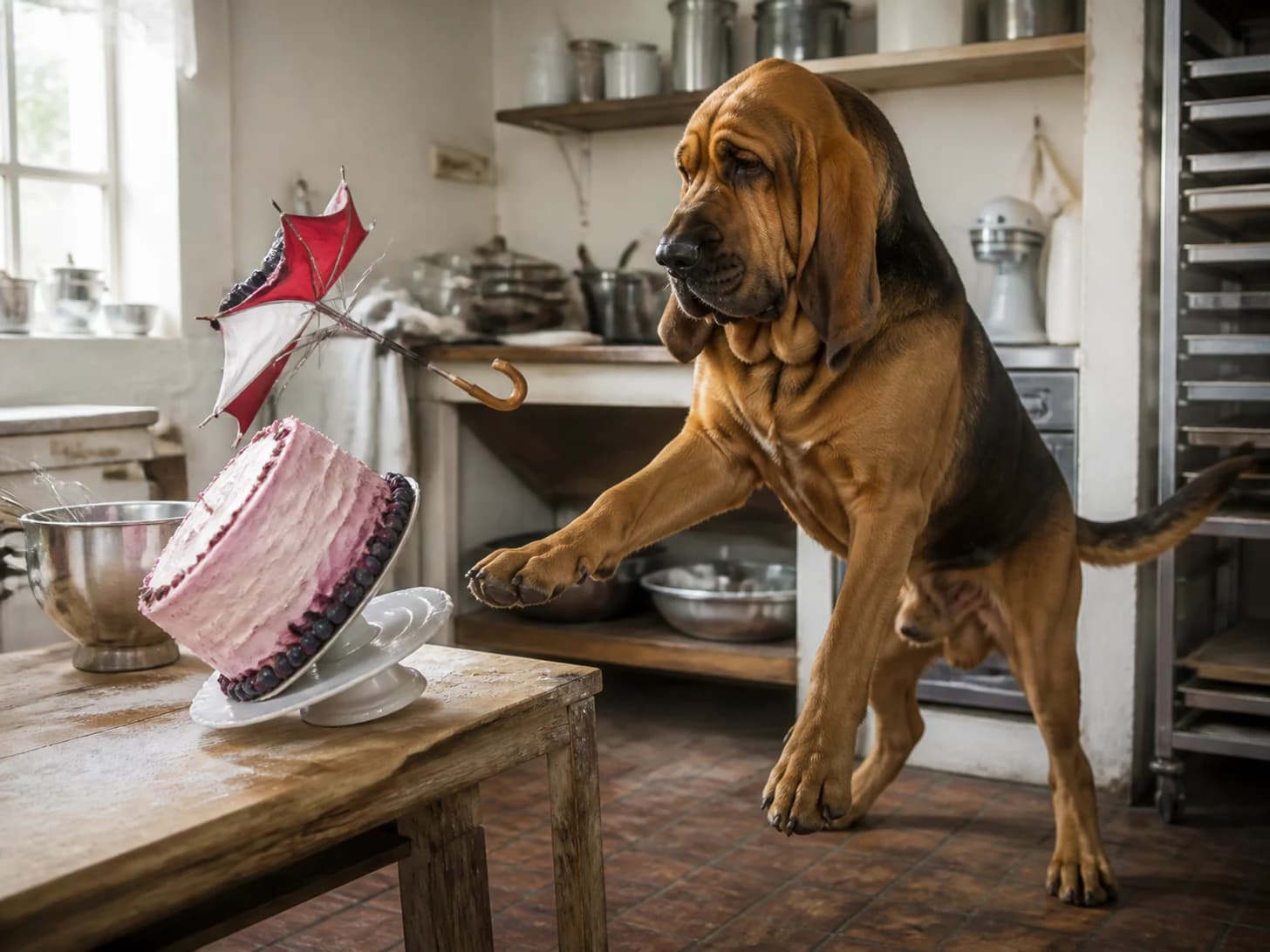 Jasper II was promoted to pastry chef confronting a leaning cake; unfortunately, a miniature umbrella turns inside out.
