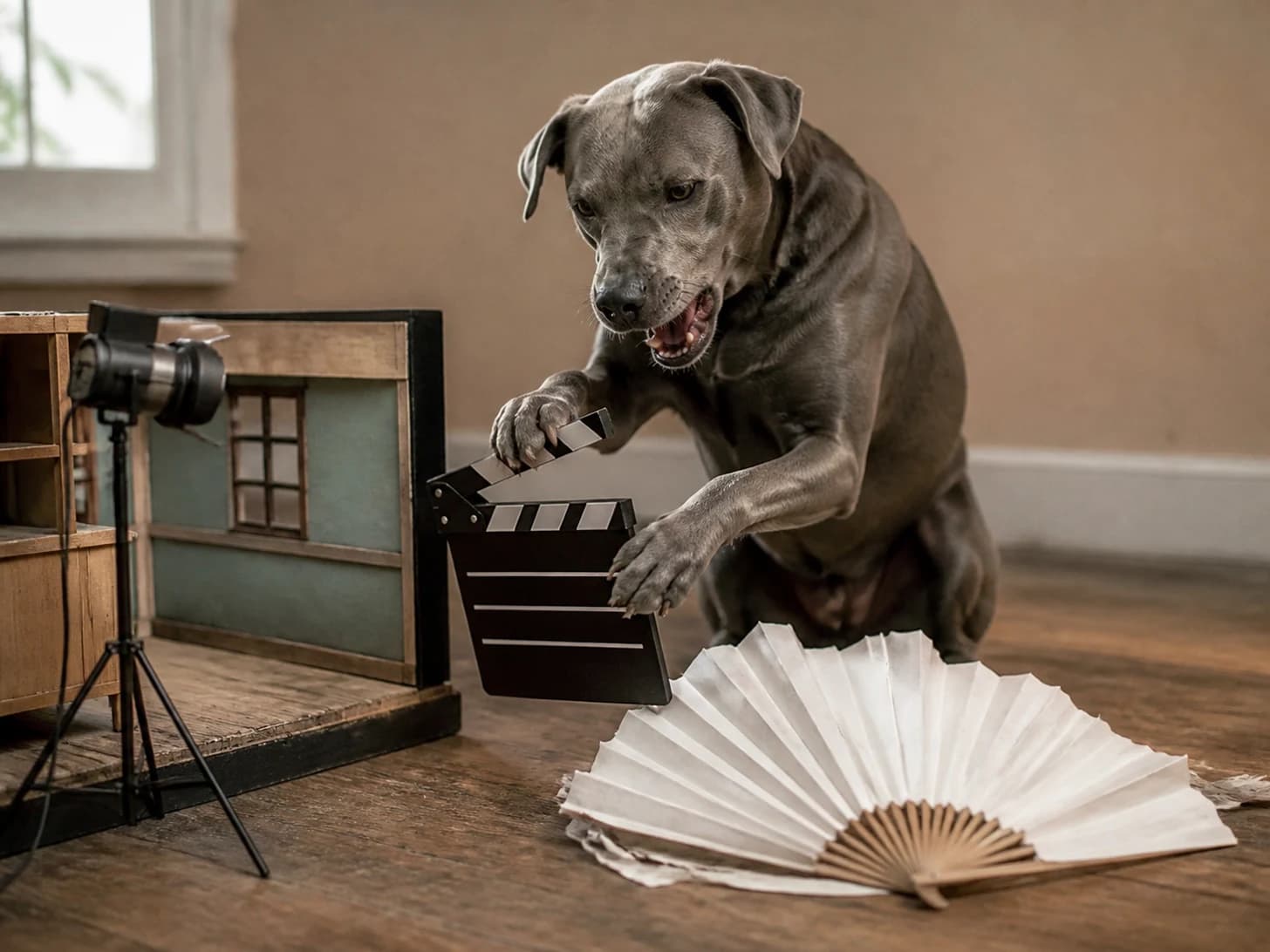 Mistral III was promoted to film director frustrated with a toy clapperboard; unfortunately, a paper fan unfolds across the floor.