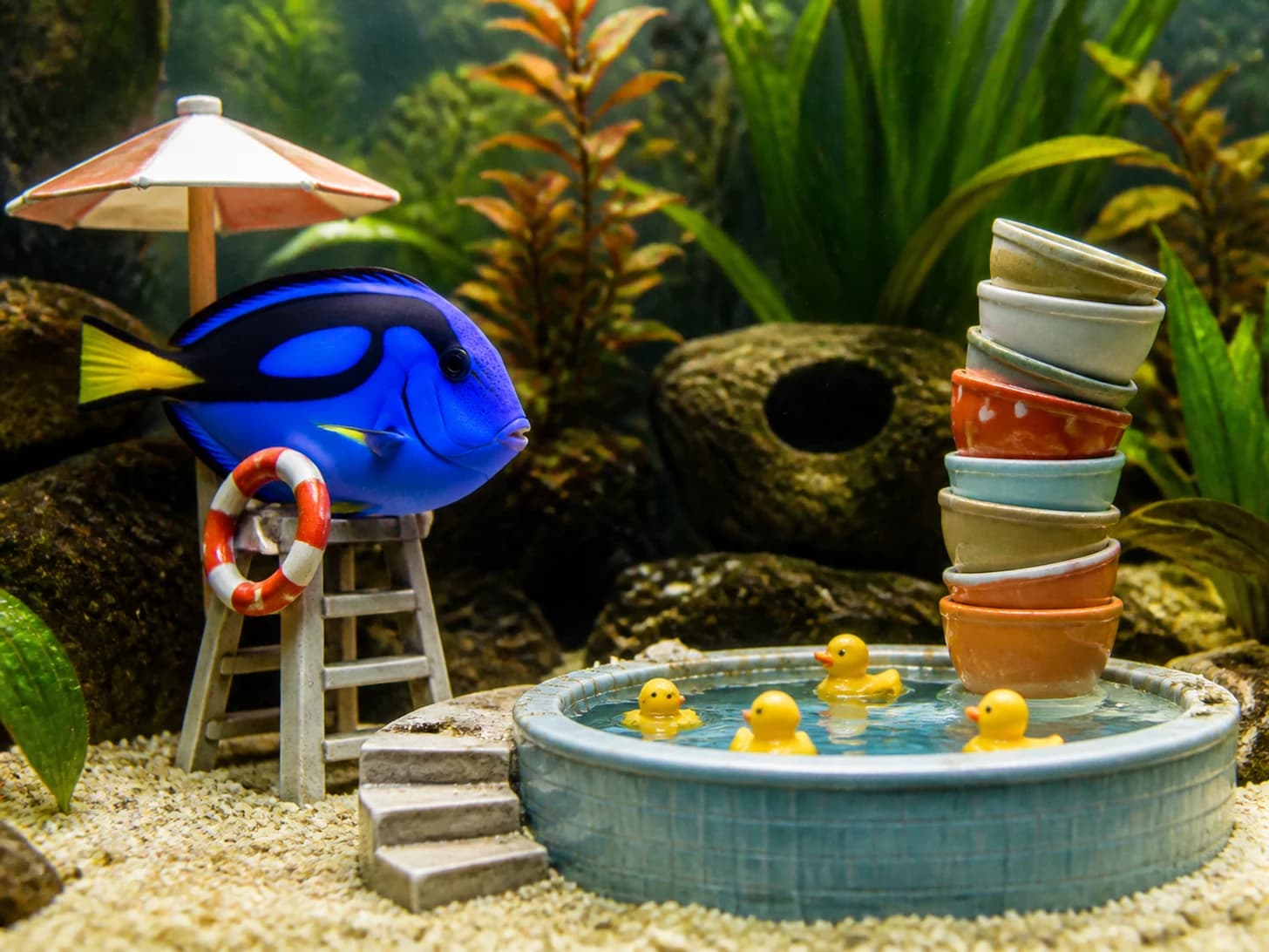 Cricket IX was promoted to lifeguard supervising a paddling pool for rubber ducks; unfortunately, a stack of empty bowls wobbles dangerously.