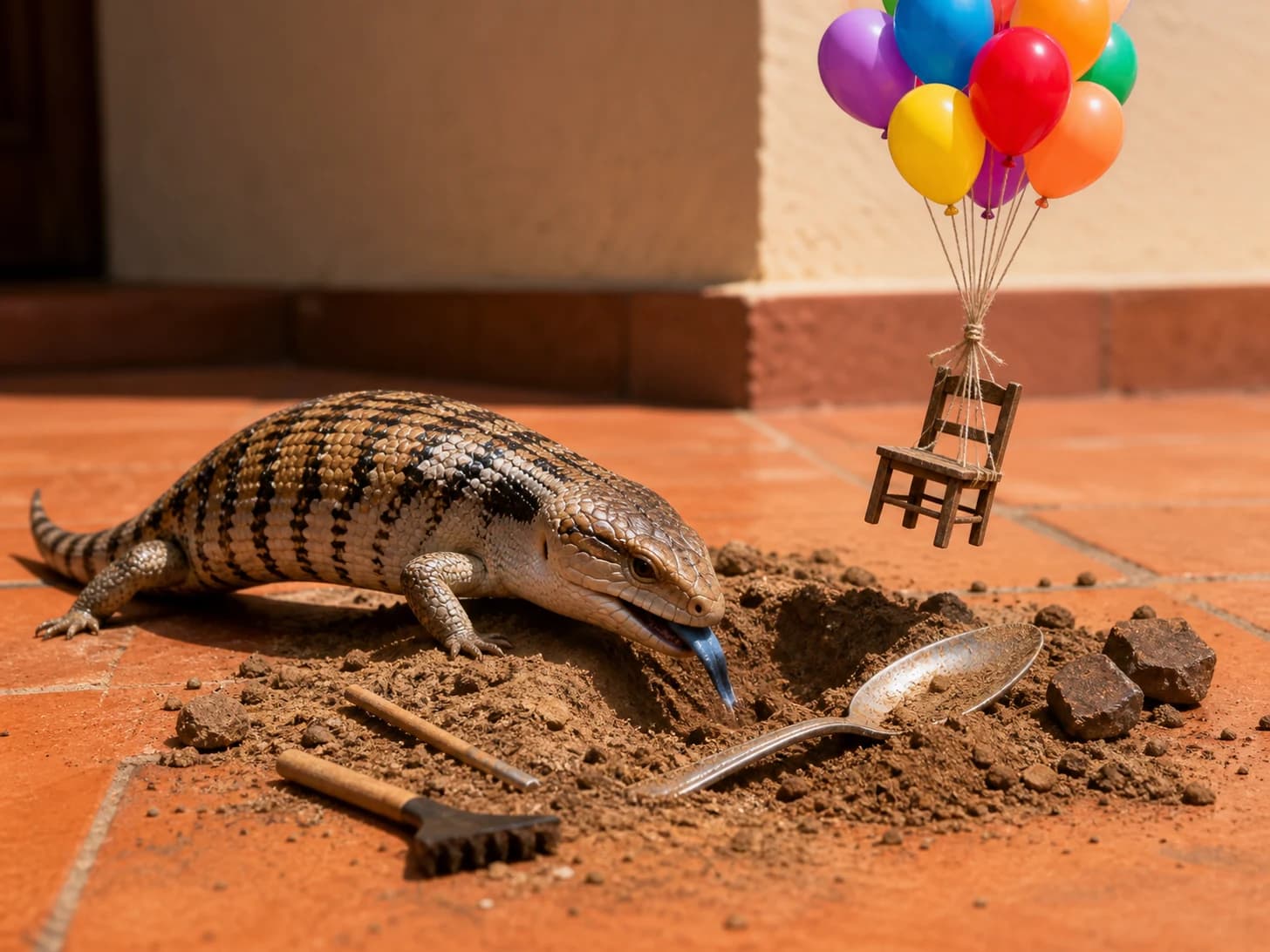 Bergamot IV was promoted to archaeologist uncovering a giant spoon; unfortunately, a balloon bouquet pulls a tiny chair upward.