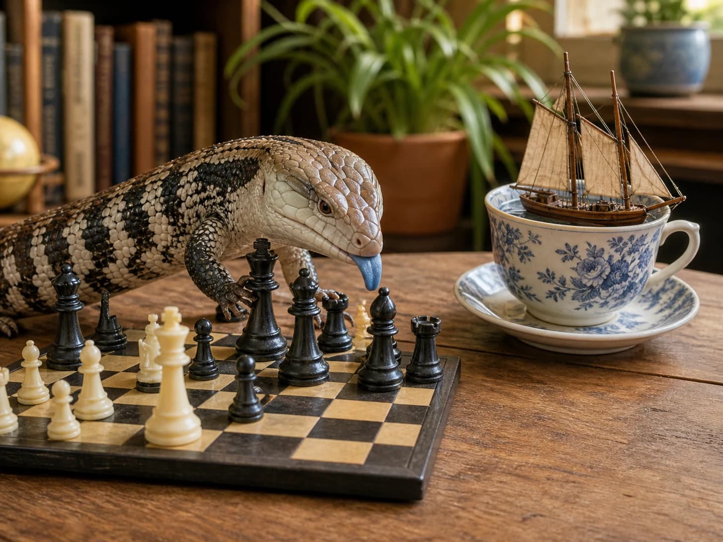 Tansy VI was promoted to chess champion facing pieces taller than itself; unfortunately, a model sailboat becomes stranded in a teacup.