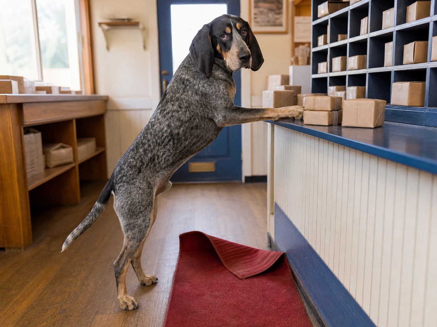 Mistral IV was promoted to post-office clerk sorting blank miniature parcels; unfortunately, a tiny red carpet refuses to lie flat.