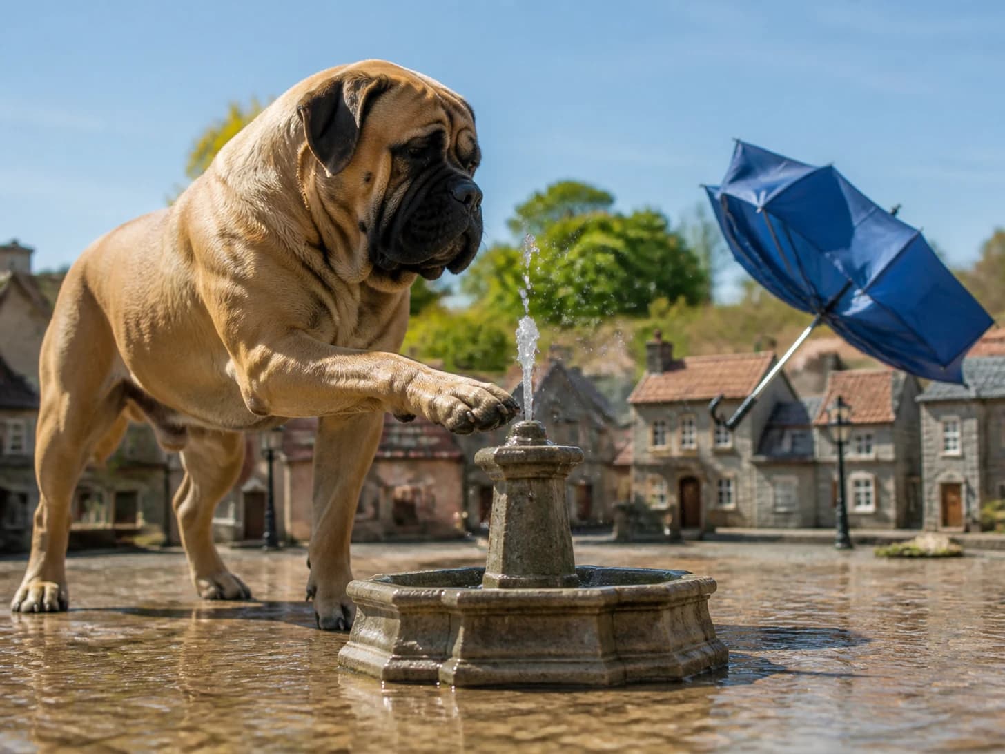 Nutmeg IV was promoted to mayor opening a very small fountain; unfortunately, a miniature umbrella turns inside out.