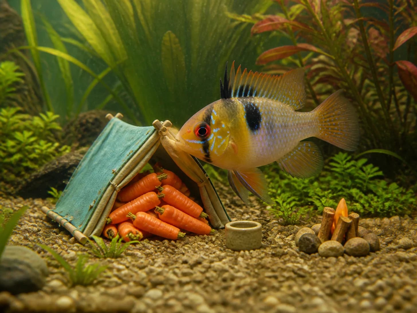 Cinnamon VIII was promoted to camping guide assembling a tent much too small; unfortunately, a mountain of carrots blocks the doorway.