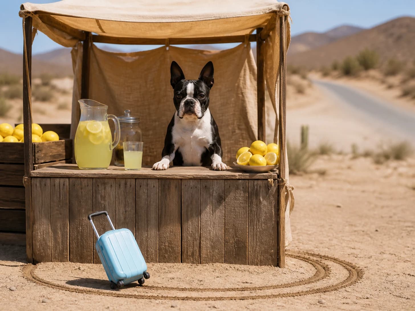 Sorrel IV was promoted to ambitious roadside lemonade vendor; unfortunately, one toy suitcase circles endlessly.