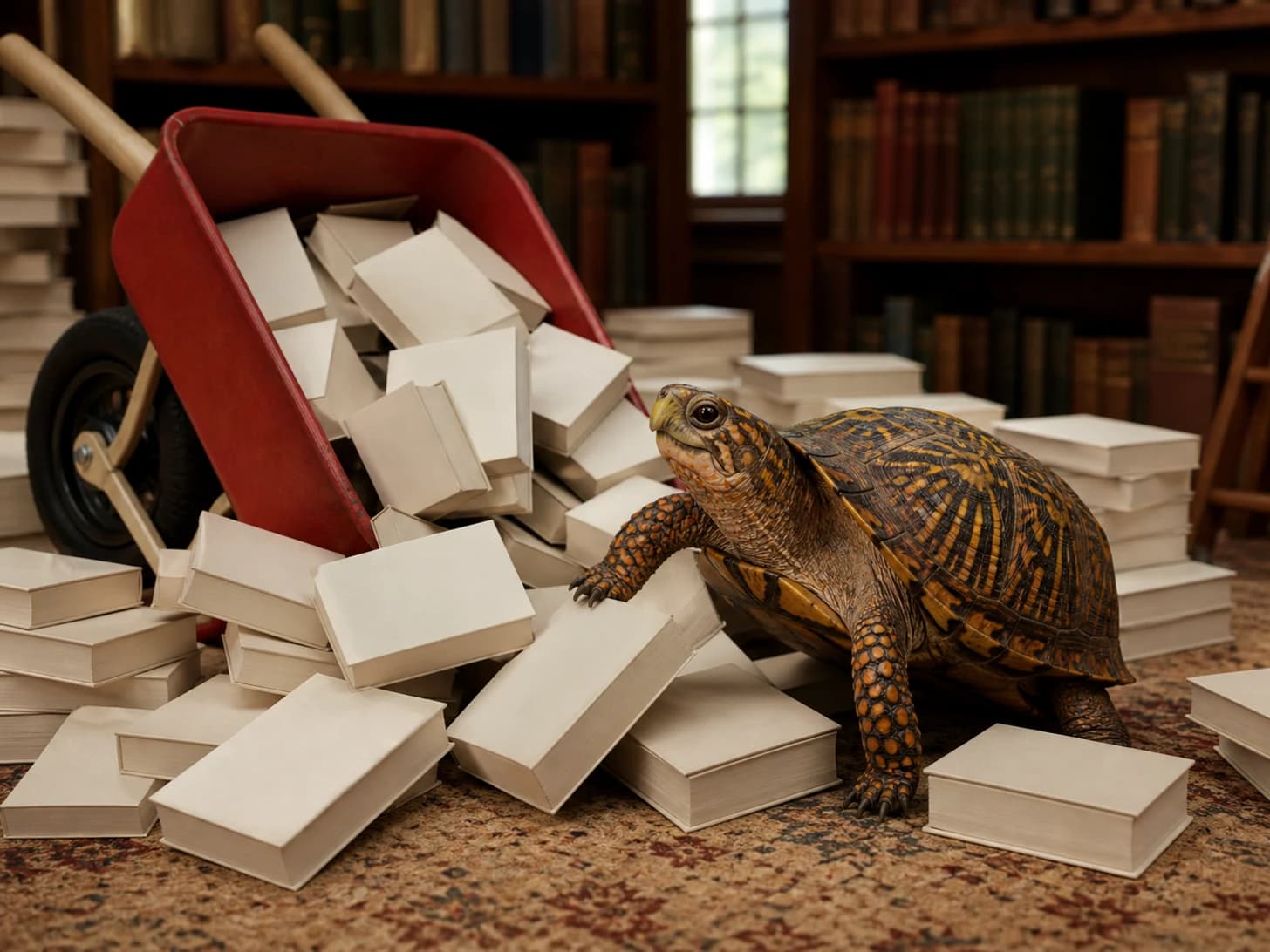 Clemence VIII was promoted to librarian managing an avalanche of blank books; unfortunately, a toy wheelbarrow tips at the worst moment.