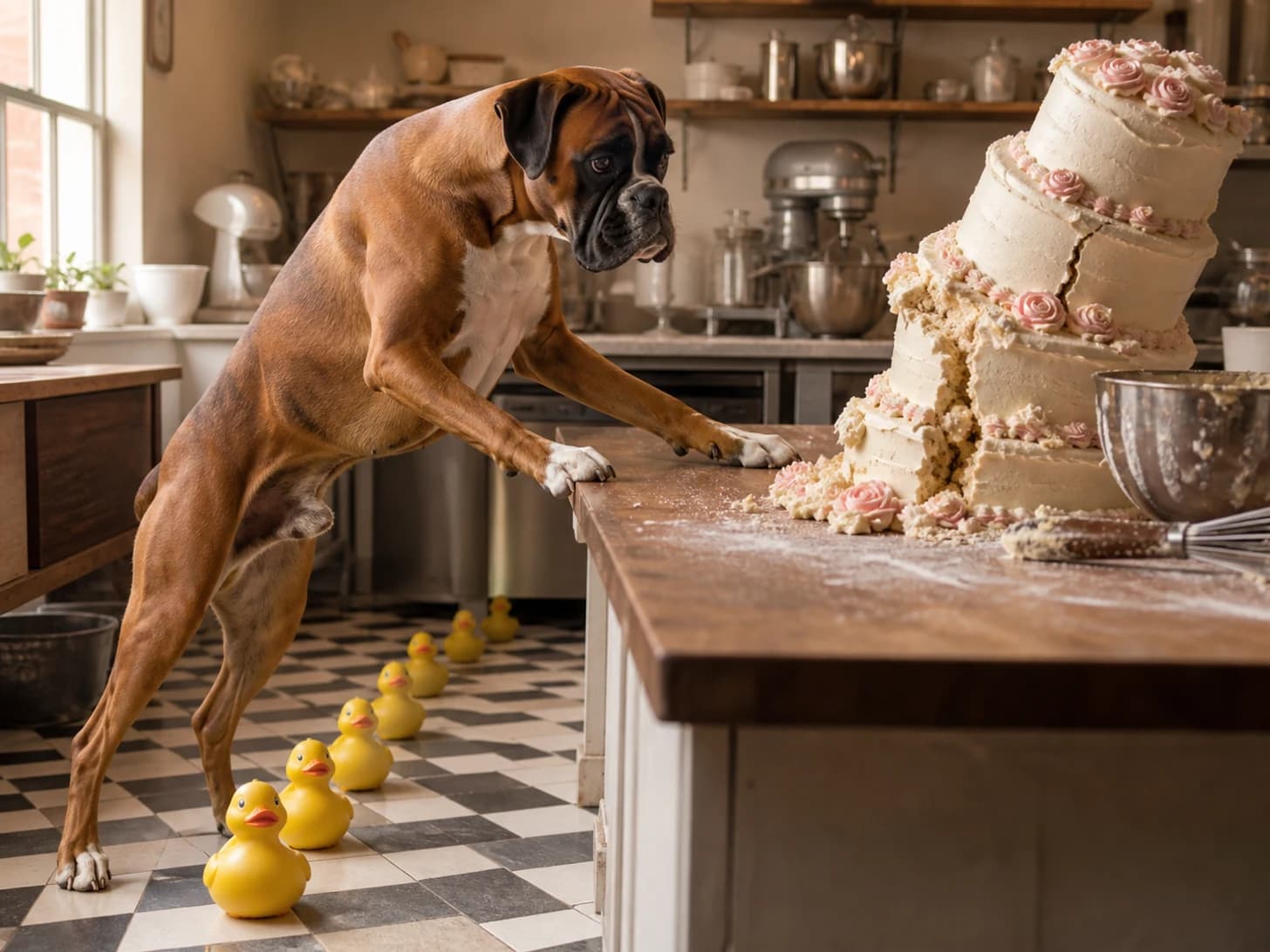 Cricket IV was promoted to pastry chef confronting a leaning cake; unfortunately, a parade of rubber ducks heads the wrong way.