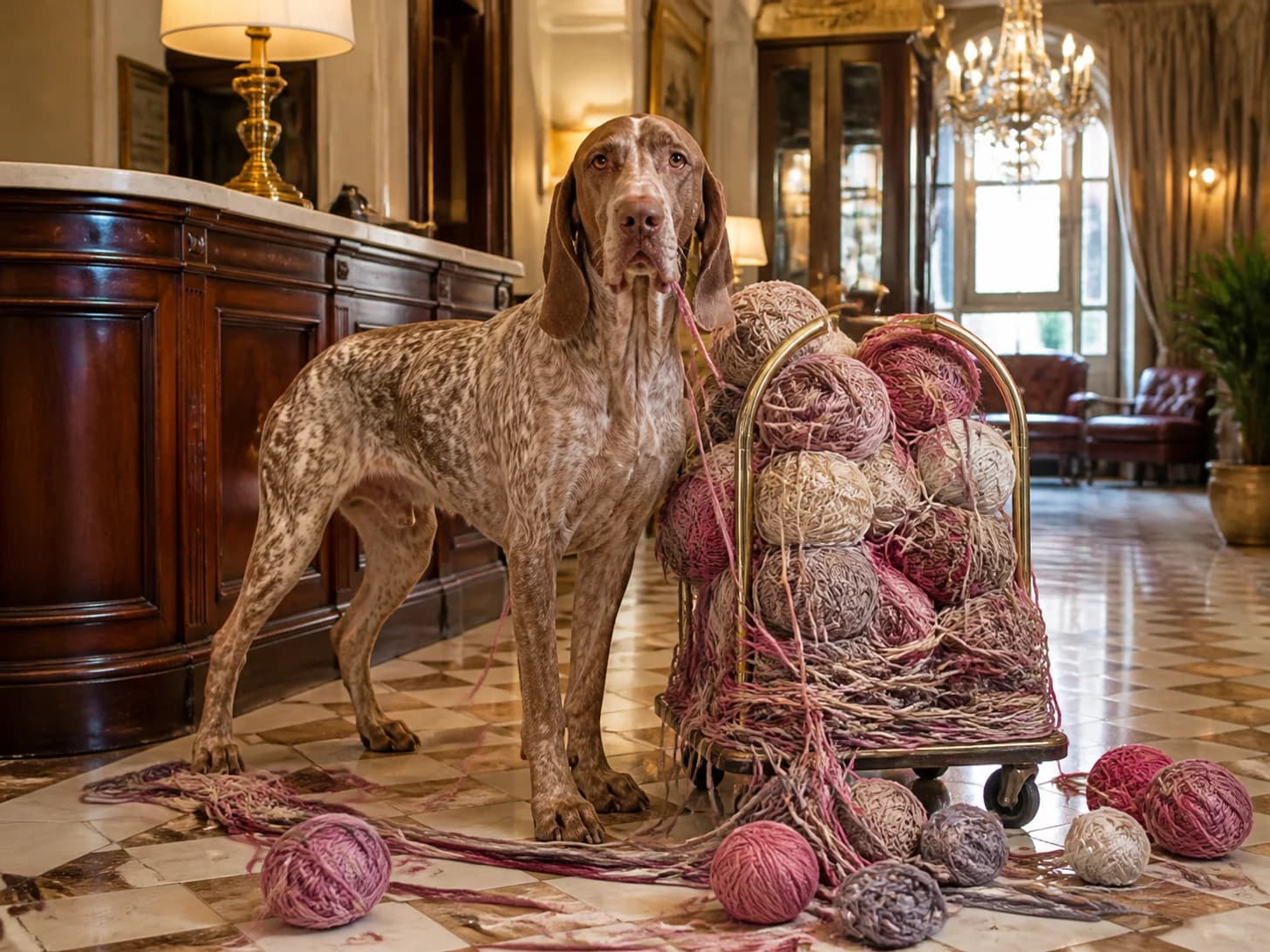 Kiwi was promoted to hotel concierge receiving impossible luggage; unfortunately, a basket of yarn unravels around everything.
