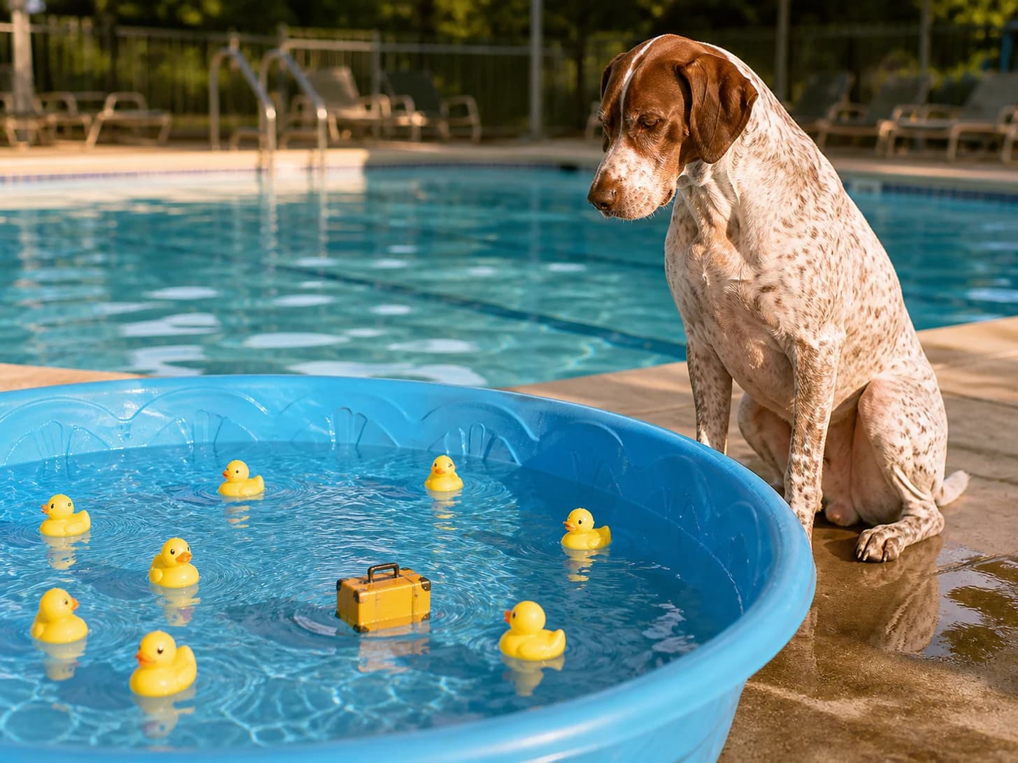 Sprout II was promoted to lifeguard supervising a paddling pool for rubber ducks; unfortunately, one toy suitcase circles endlessly.