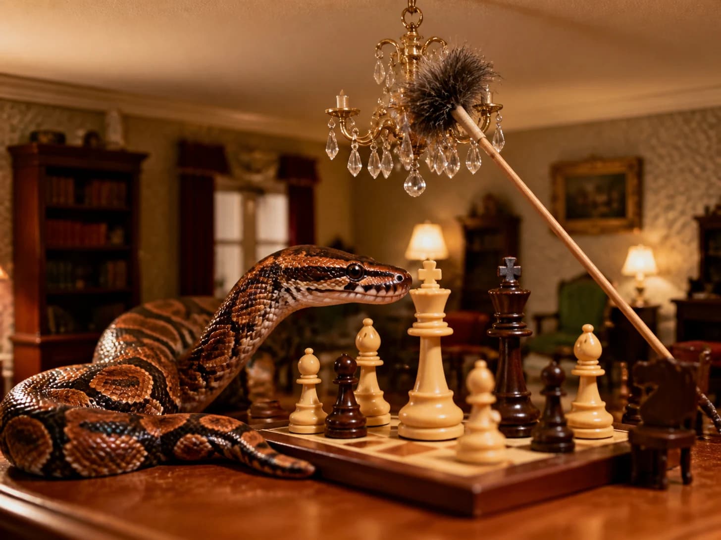 Bandit III was promoted to chess champion facing pieces taller than itself; unfortunately, a feather duster gets stuck in a tiny chandelier.