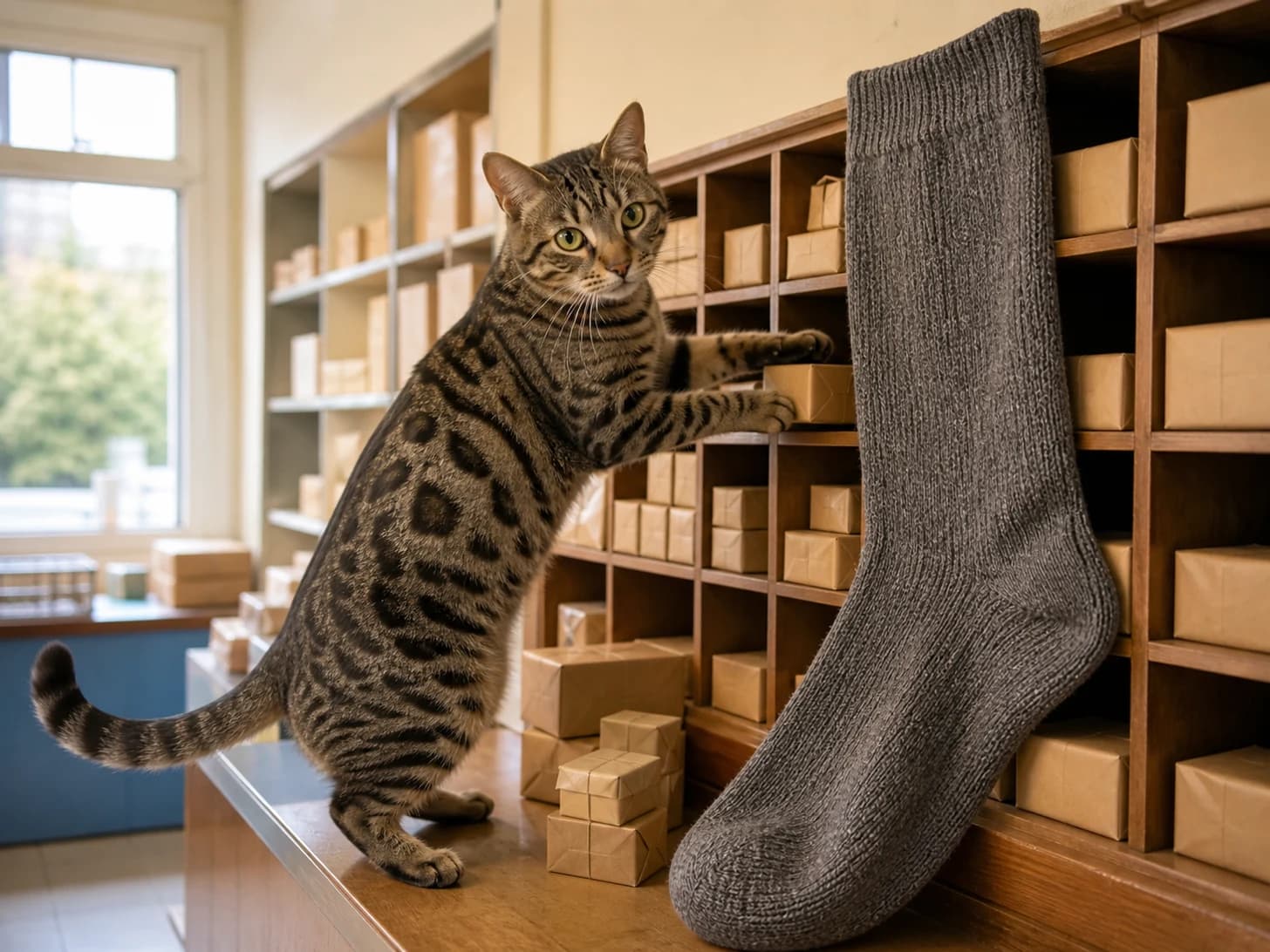 Dandelion V was promoted to post-office clerk sorting blank miniature parcels; unfortunately, a single enormous sock appears without explanation.