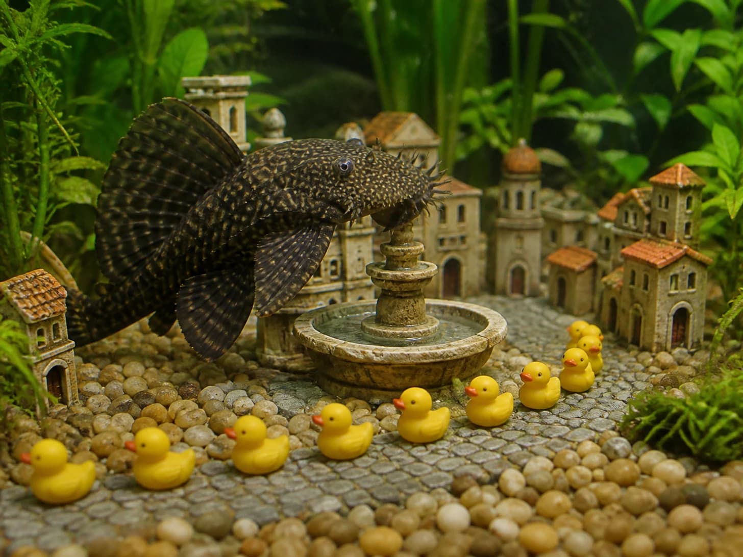 Dandelion X was promoted to mayor opening a very small fountain; unfortunately, a parade of rubber ducks heads the wrong way.
