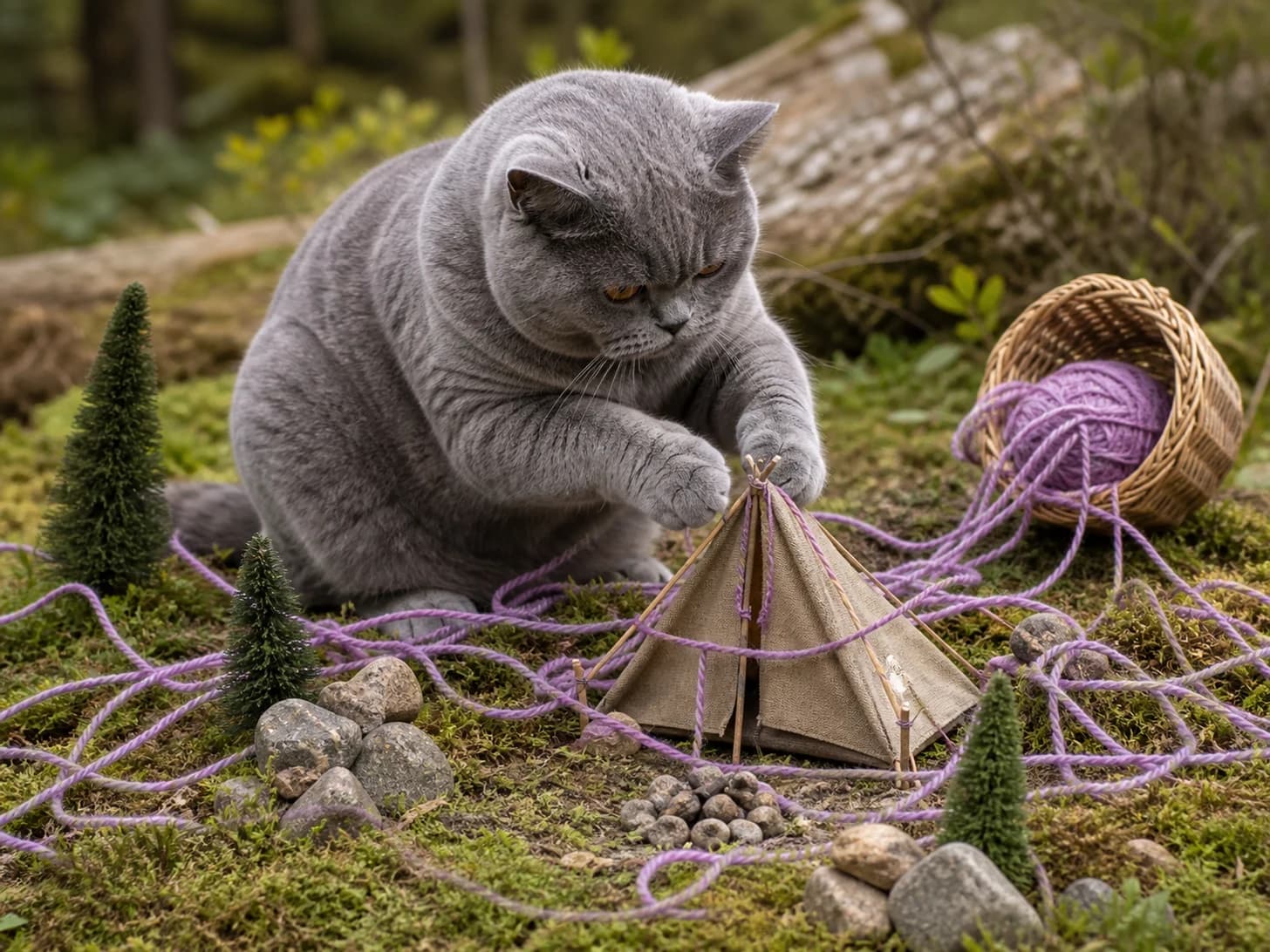 Cocoa V was promoted to camping guide assembling a tent much too small; unfortunately, a basket of yarn unravels around everything.