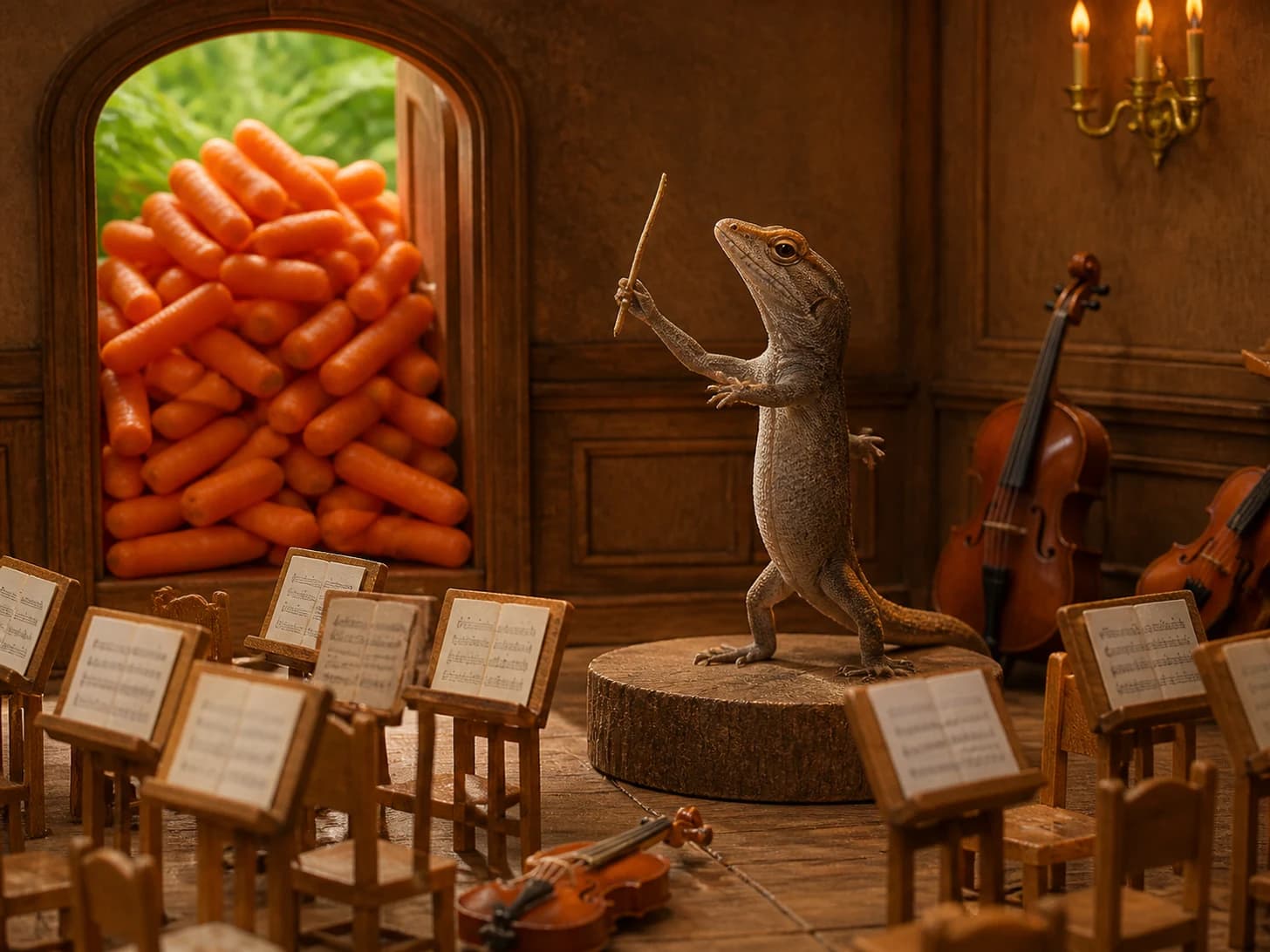 Saffron VII was promoted to stern orchestra conductor; unfortunately, a mountain of carrots blocks the doorway.