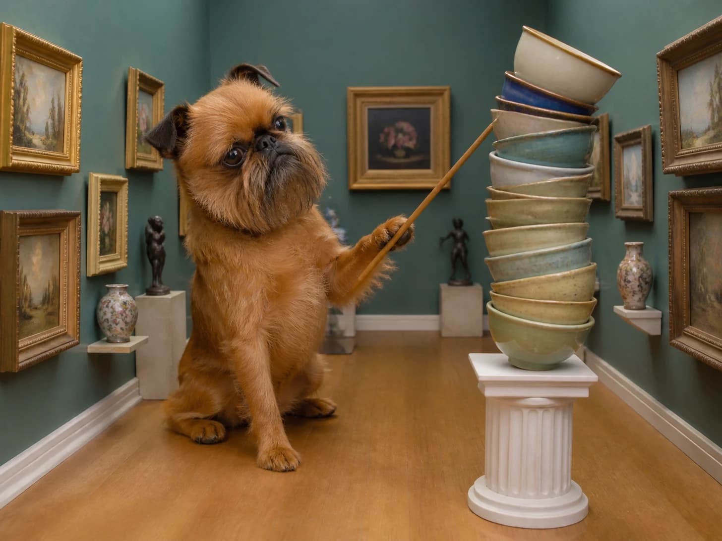 Marigold III was promoted to meticulous museum curator; unfortunately, a stack of empty bowls wobbles dangerously.