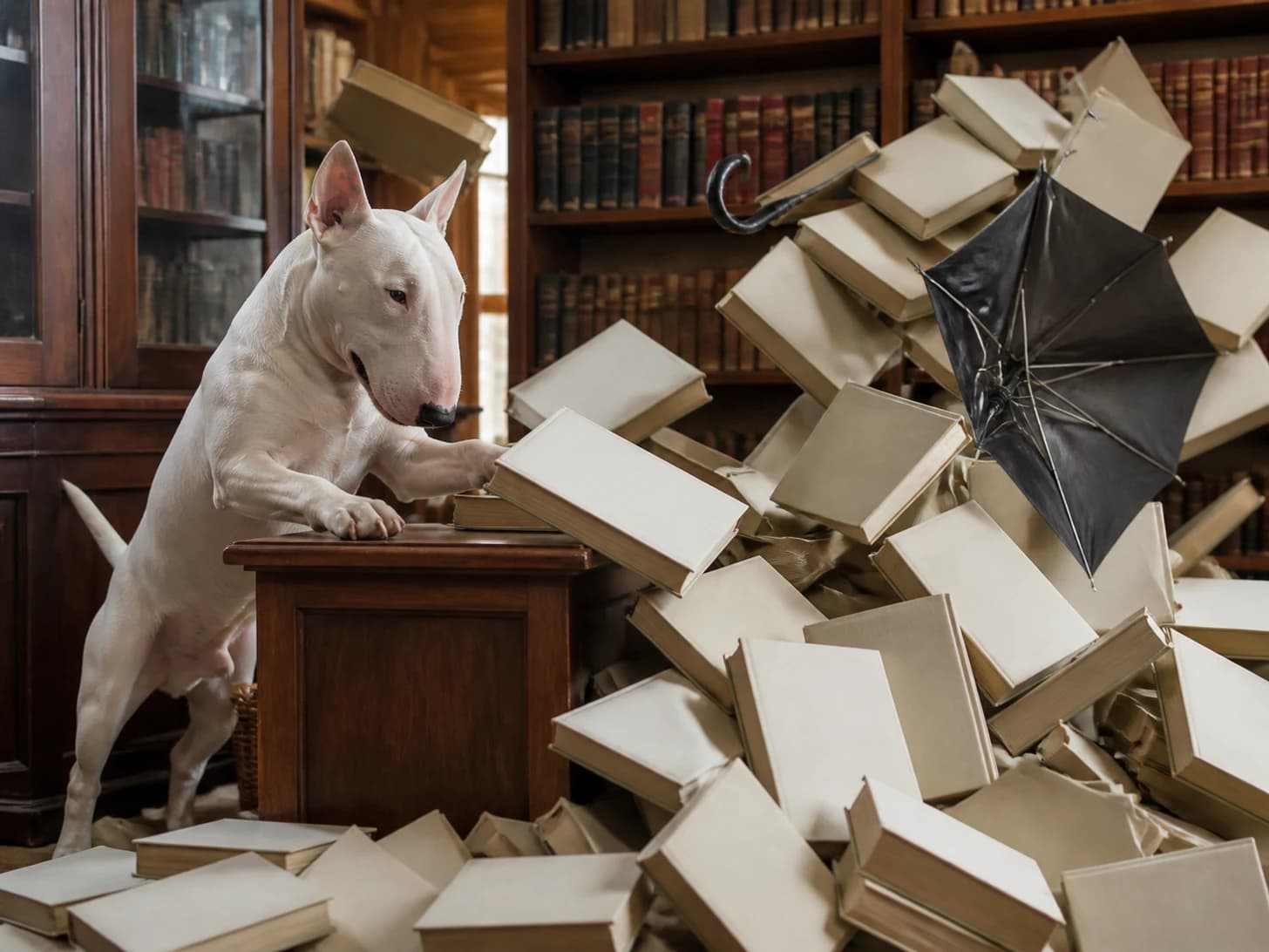 Plum II was promoted to librarian managing an avalanche of blank books; unfortunately, a miniature umbrella turns inside out.