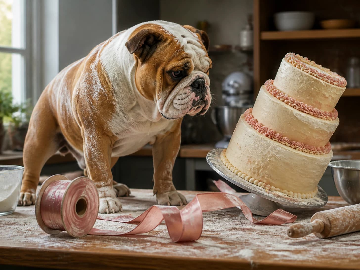 Cobweb IV was promoted to pastry chef confronting a leaning cake; unfortunately, a ribbon spool rolls across the entire set.