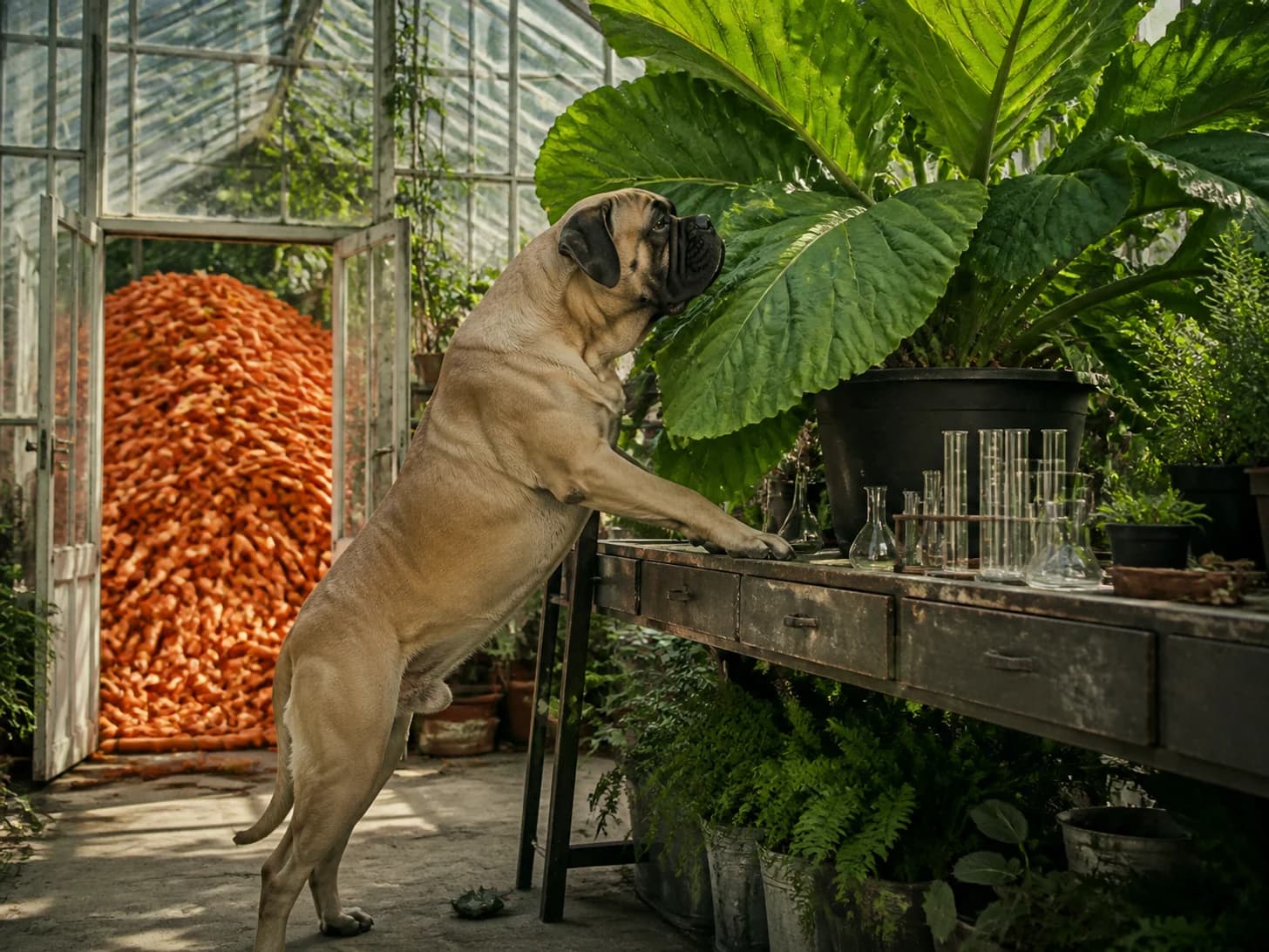 Walnut III was promoted to botanist studying an absurdly large houseplant; unfortunately, a mountain of carrots blocks the doorway.