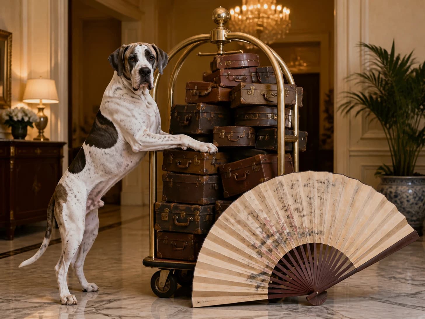 Saffron III was promoted to hotel concierge receiving impossible luggage; unfortunately, a paper fan unfolds across the floor.