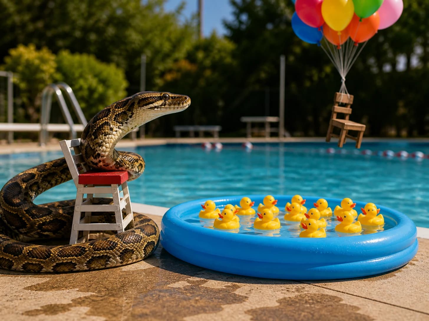 Fig III was promoted to lifeguard supervising a paddling pool for rubber ducks; unfortunately, a balloon bouquet pulls a tiny chair upward.
