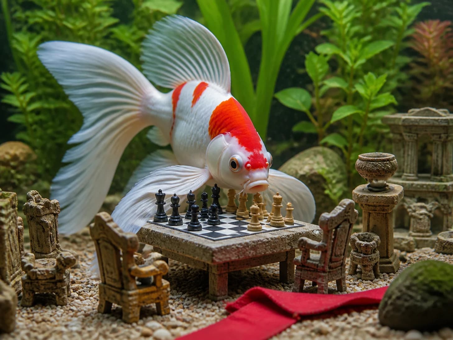 Plum 11 was promoted to chess champion facing pieces taller than itself; unfortunately, a tiny red carpet refuses to lie flat.