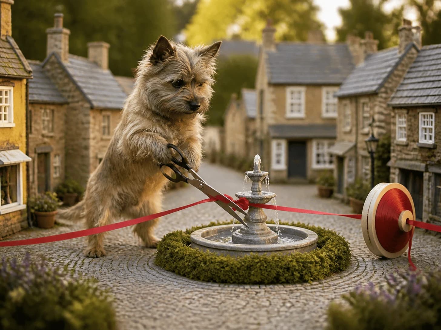 Quince III was promoted to mayor opening a very small fountain; unfortunately, a ribbon spool rolls across the entire set.