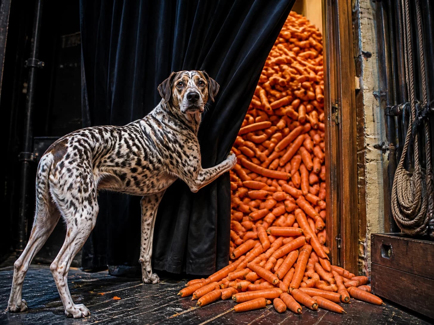 Primrose III was promoted to stage manager during a curtain emergency; unfortunately, a mountain of carrots blocks the doorway.