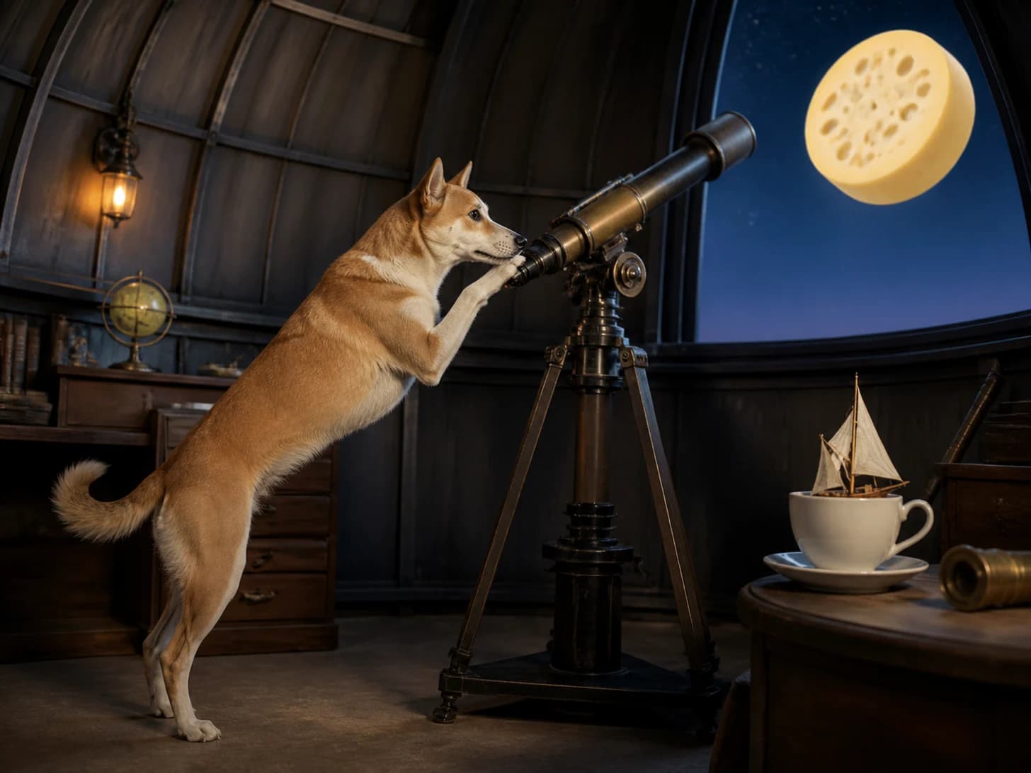 Marigold was promoted to astronomer discovering that the moon is a cheese wheel; unfortunately, a model sailboat becomes stranded in a teacup.